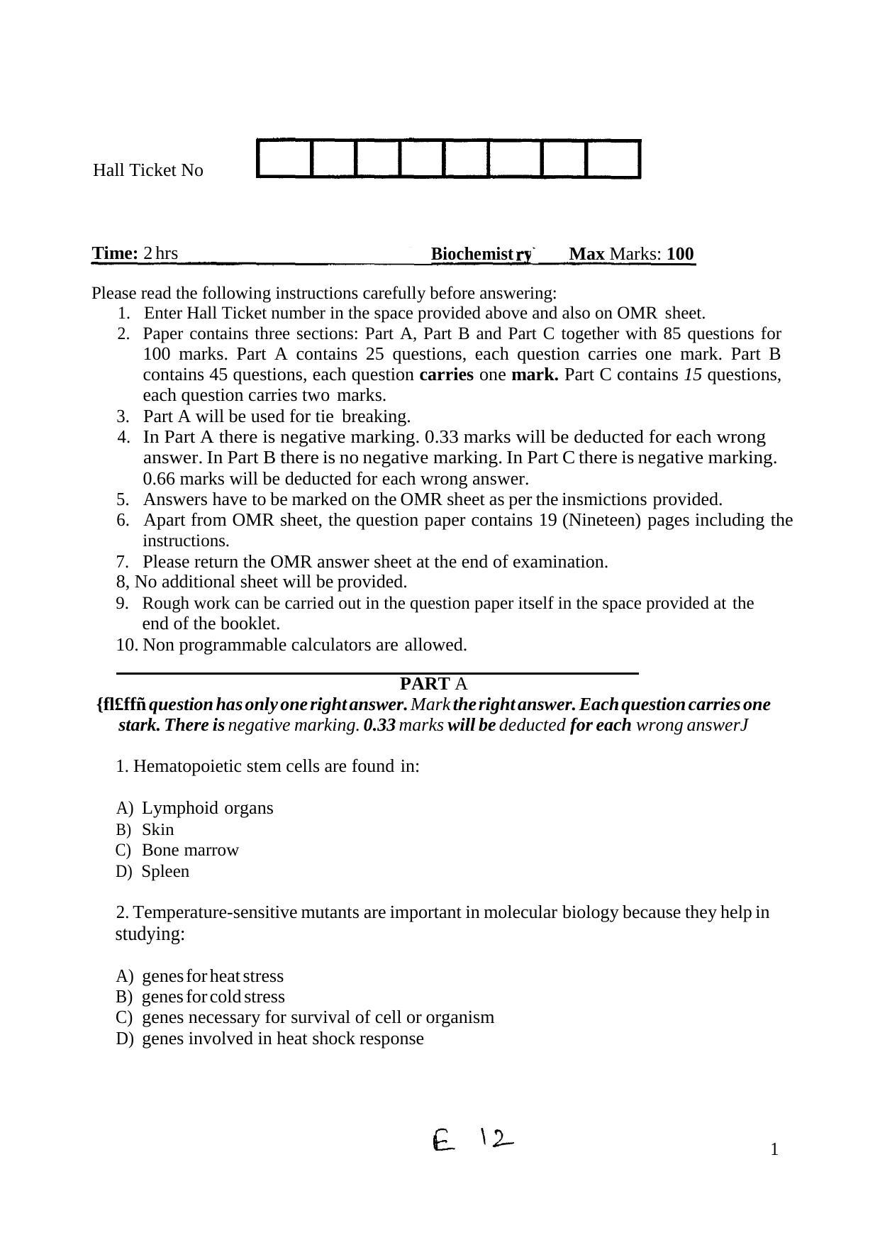 INI CET Biochemistry Practice Paper - Page 1