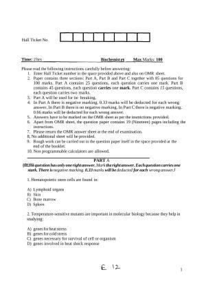 INI CET Biochemistry Practice Paper