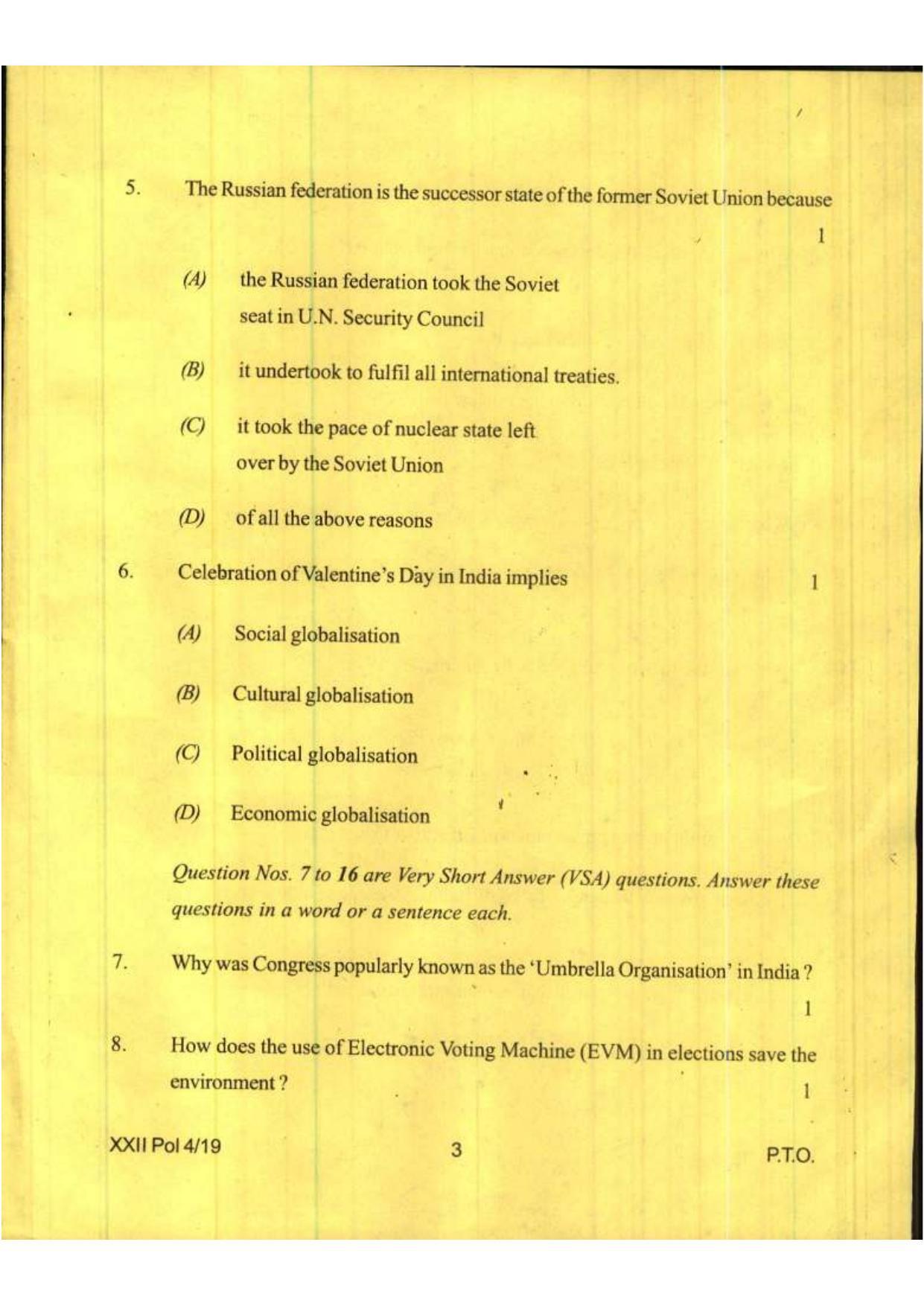 COHSEM Class 12 Political Science 2019 Question Papers - Page 3