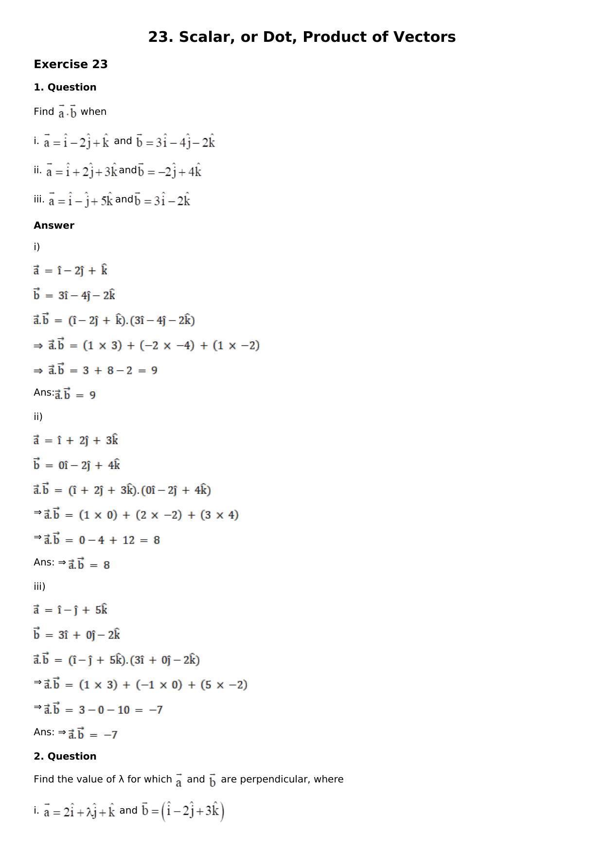 Chapter 23: Scalar, or Dot, Product of Vectors Solutions: RS Aggarwal Class 12 Solutions  - Page 1