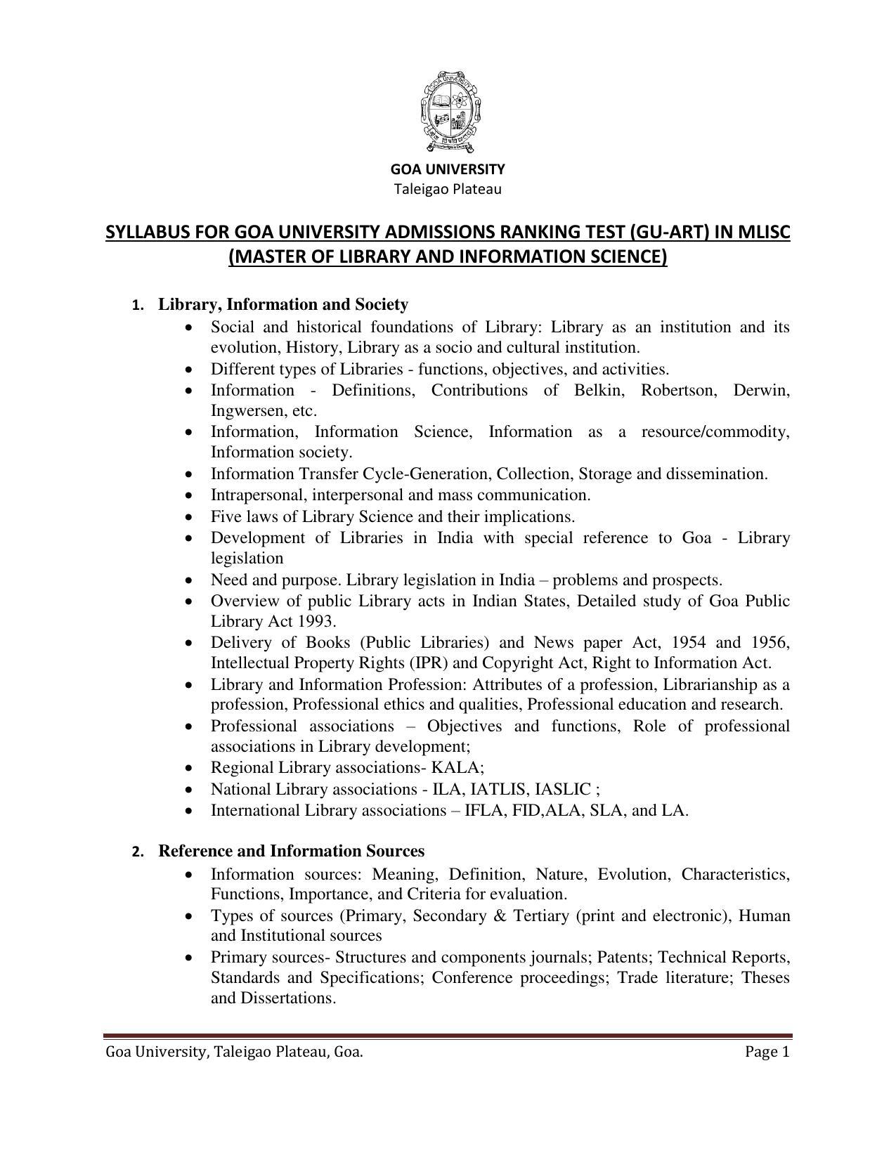 GU ART Library & Information Science (M.L.I.Sc.) Syllabus - Page 1