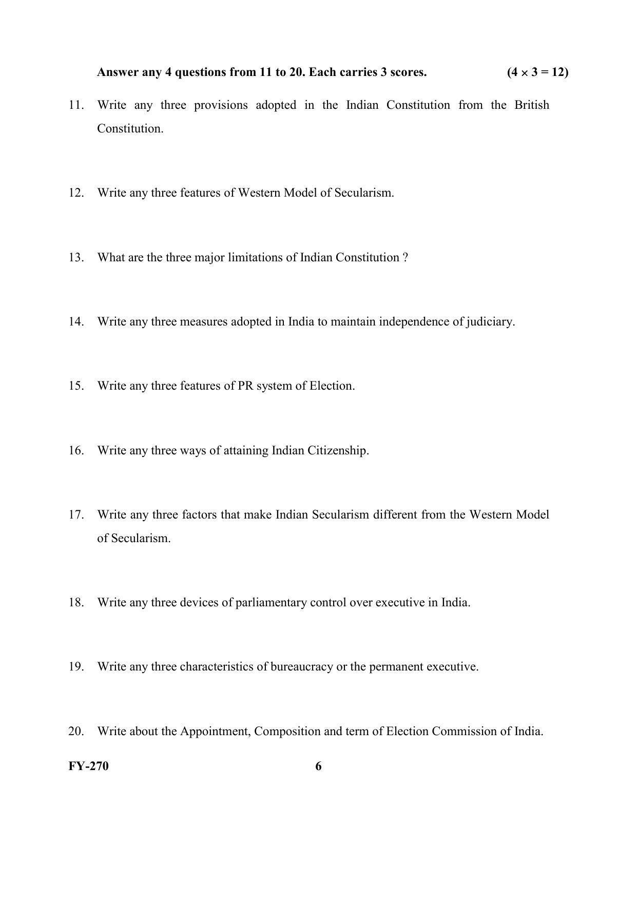 Kerala Plus One (Class 11th) Political Science (Hearing Impaired) Question Paper 2021 - Page 6