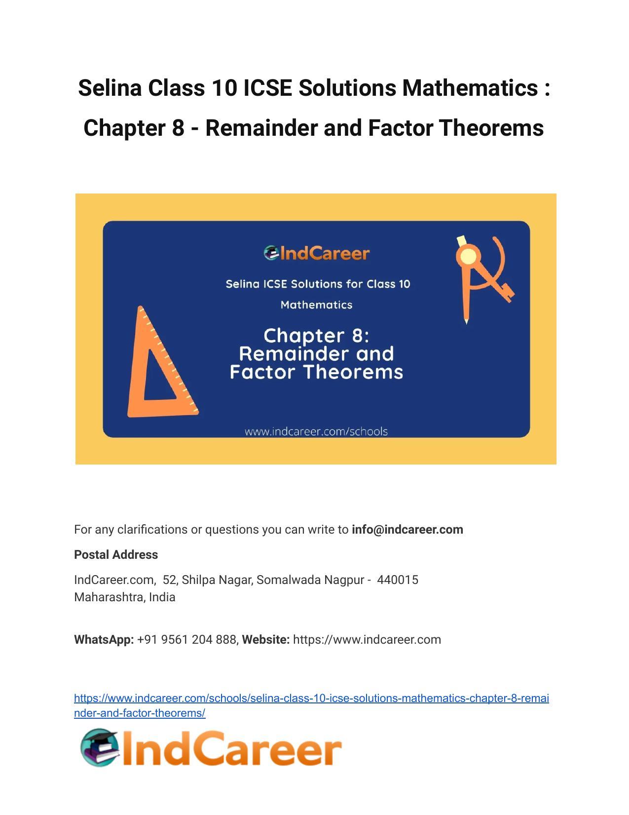 Selina Class 10 ICSE Solutions Mathematics : Chapter 8 - Remainder and Factor Theorems - Page 1