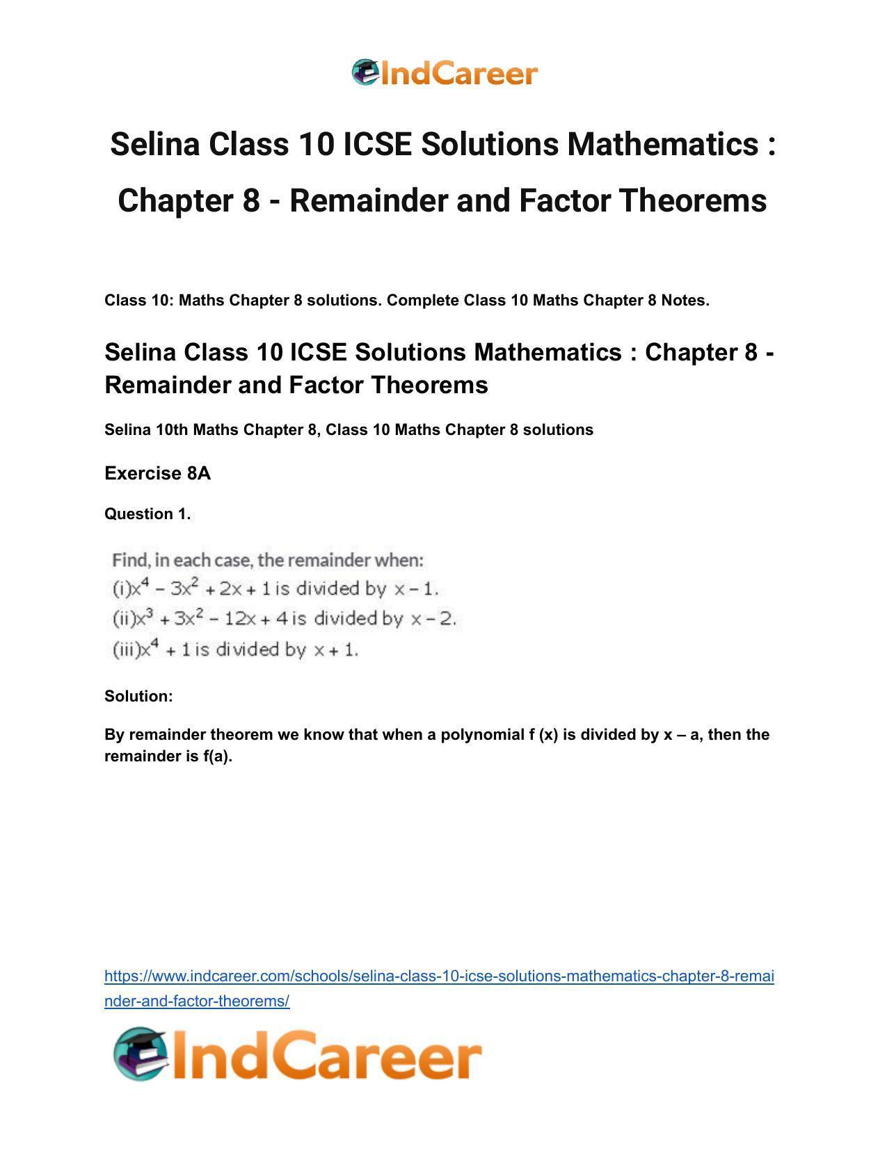 Selina Class 10 ICSE Solutions Mathematics : Chapter 8 - Remainder and Factor Theorems - Page 2