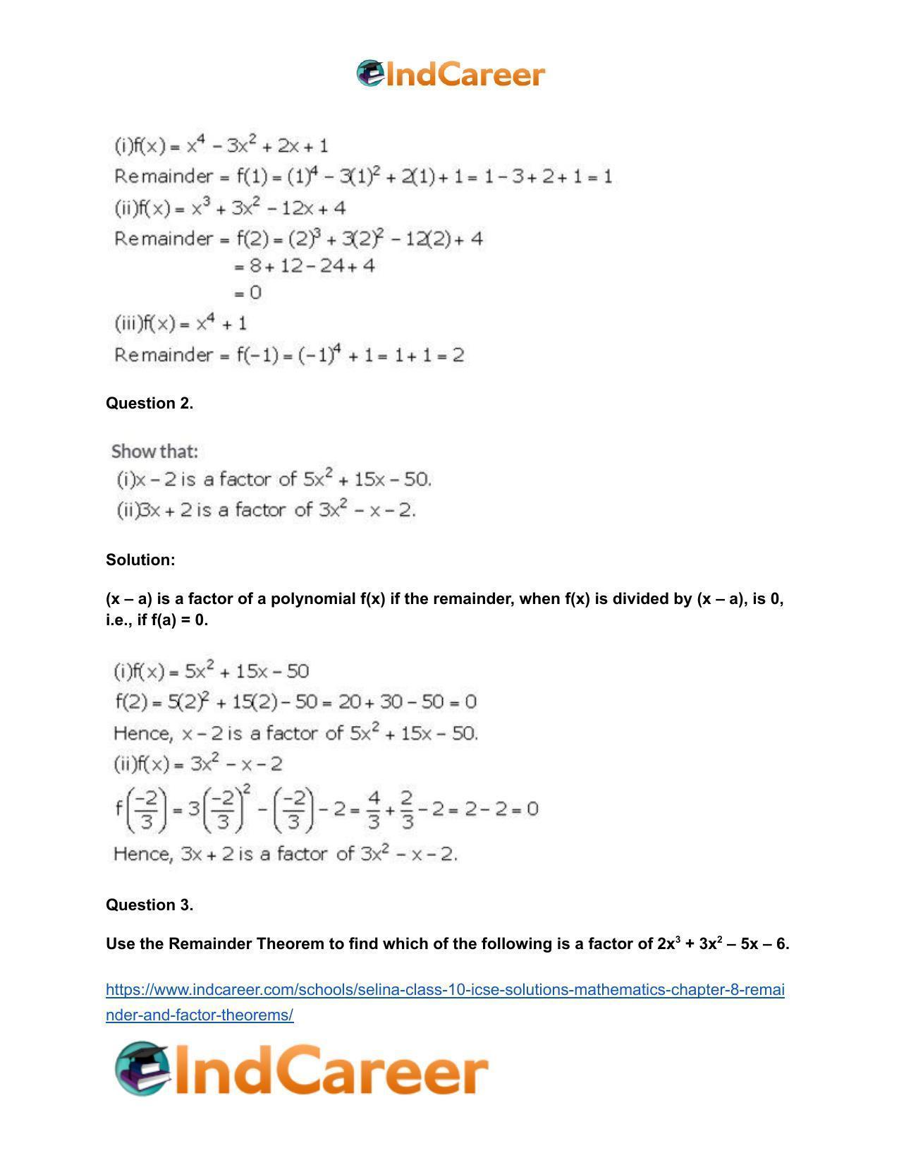 Selina Class 10 ICSE Solutions Mathematics : Chapter 8 - Remainder and Factor Theorems - Page 3