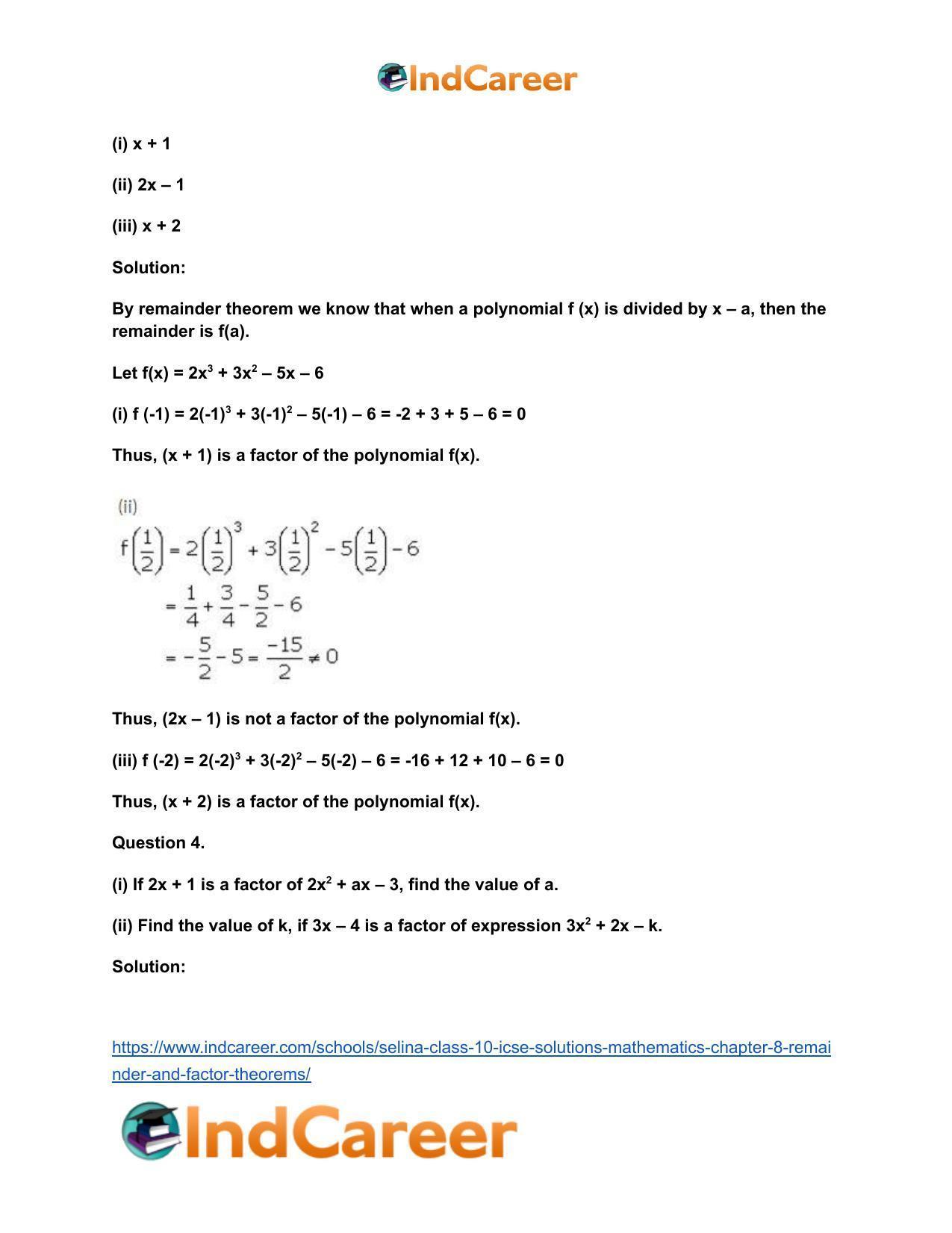 Selina Class 10 ICSE Solutions Mathematics : Chapter 8 - Remainder and Factor Theorems - Page 4