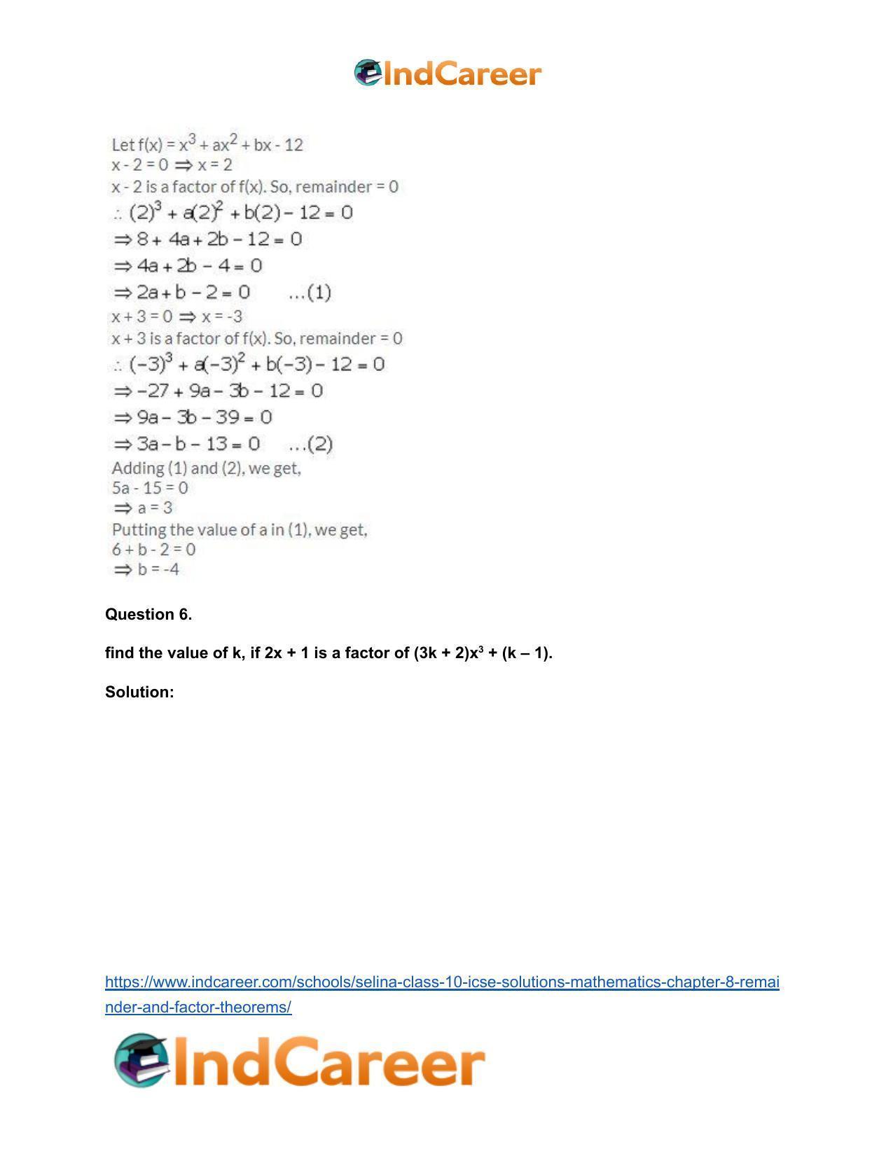 Selina Class 10 ICSE Solutions Mathematics : Chapter 8 - Remainder and Factor Theorems - Page 6