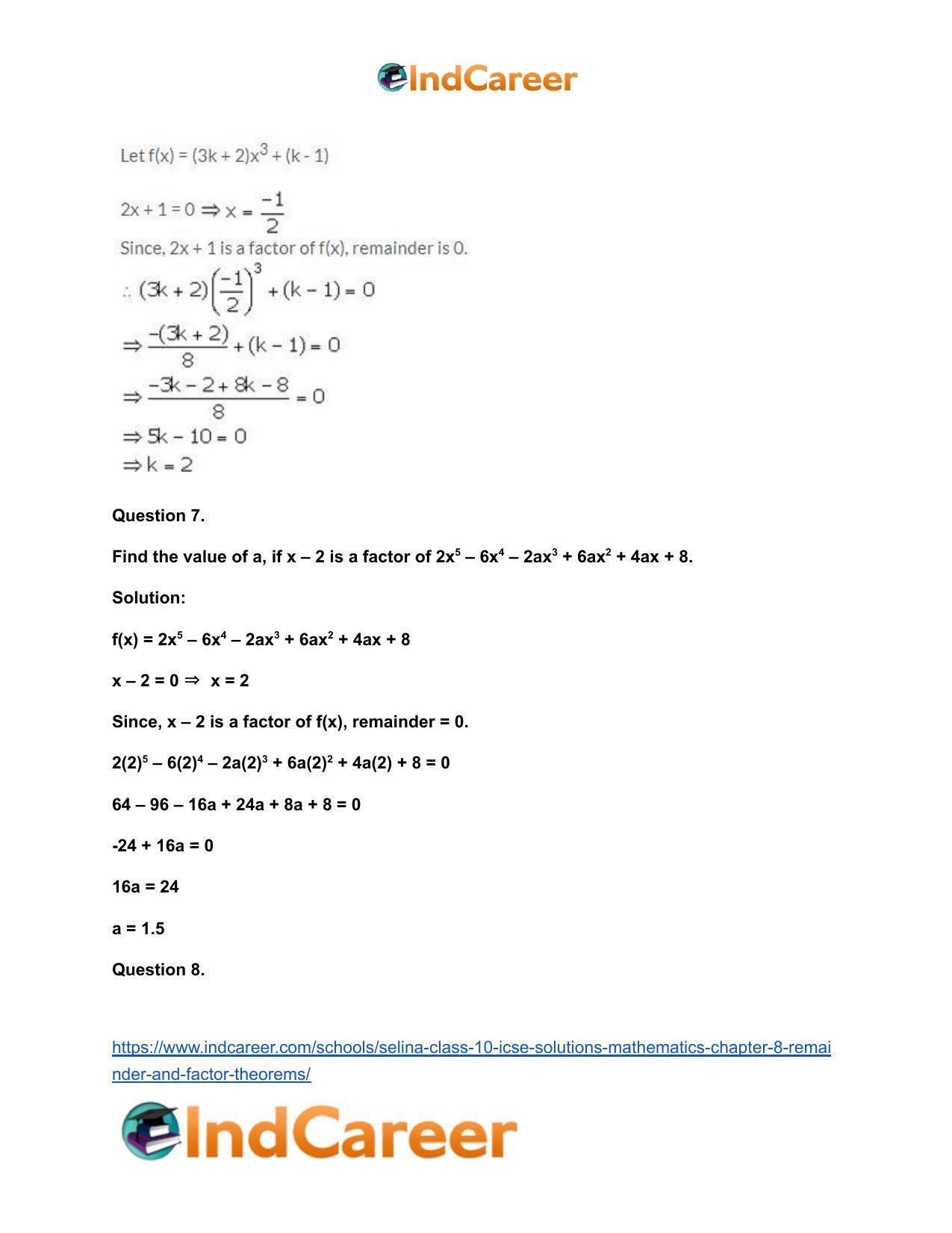 Selina Class 10 ICSE Solutions Mathematics : Chapter 8 - Remainder and Factor Theorems - Page 7