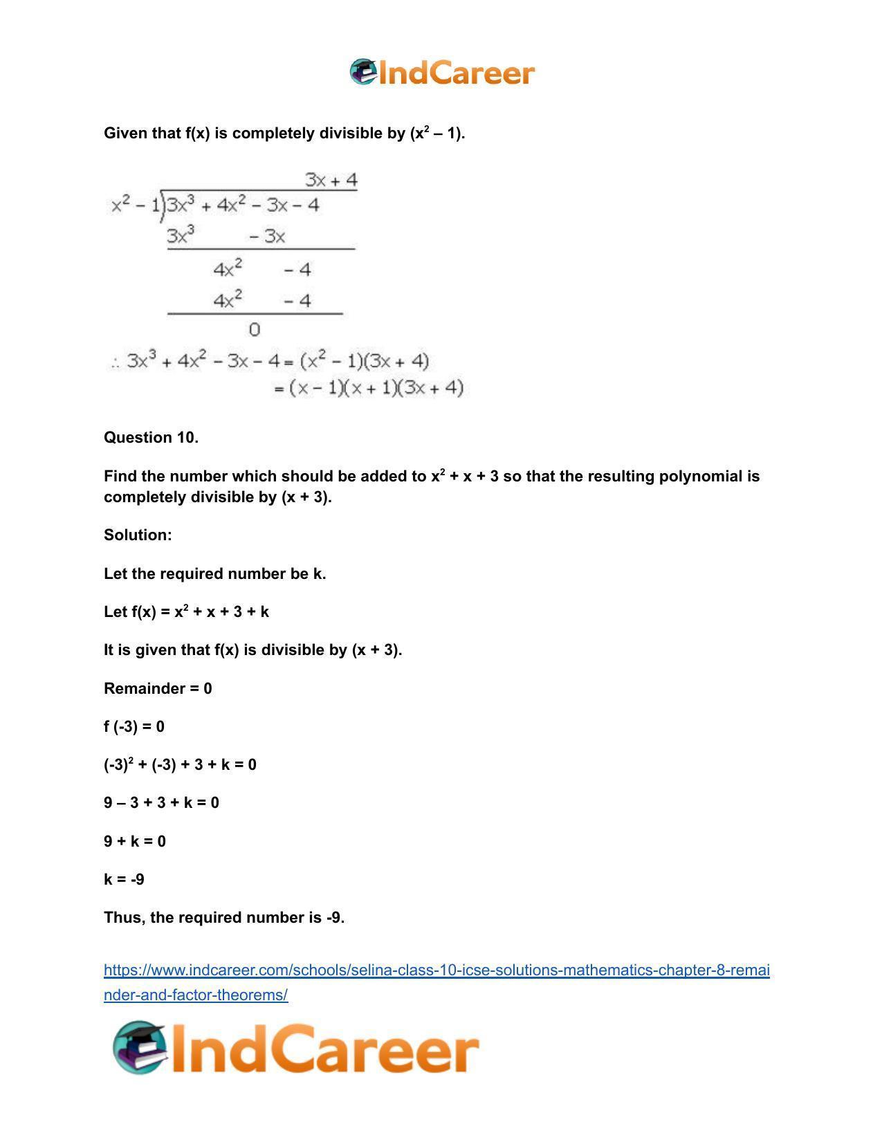 Selina Class 10 ICSE Solutions Mathematics : Chapter 8 - Remainder and Factor Theorems - Page 37