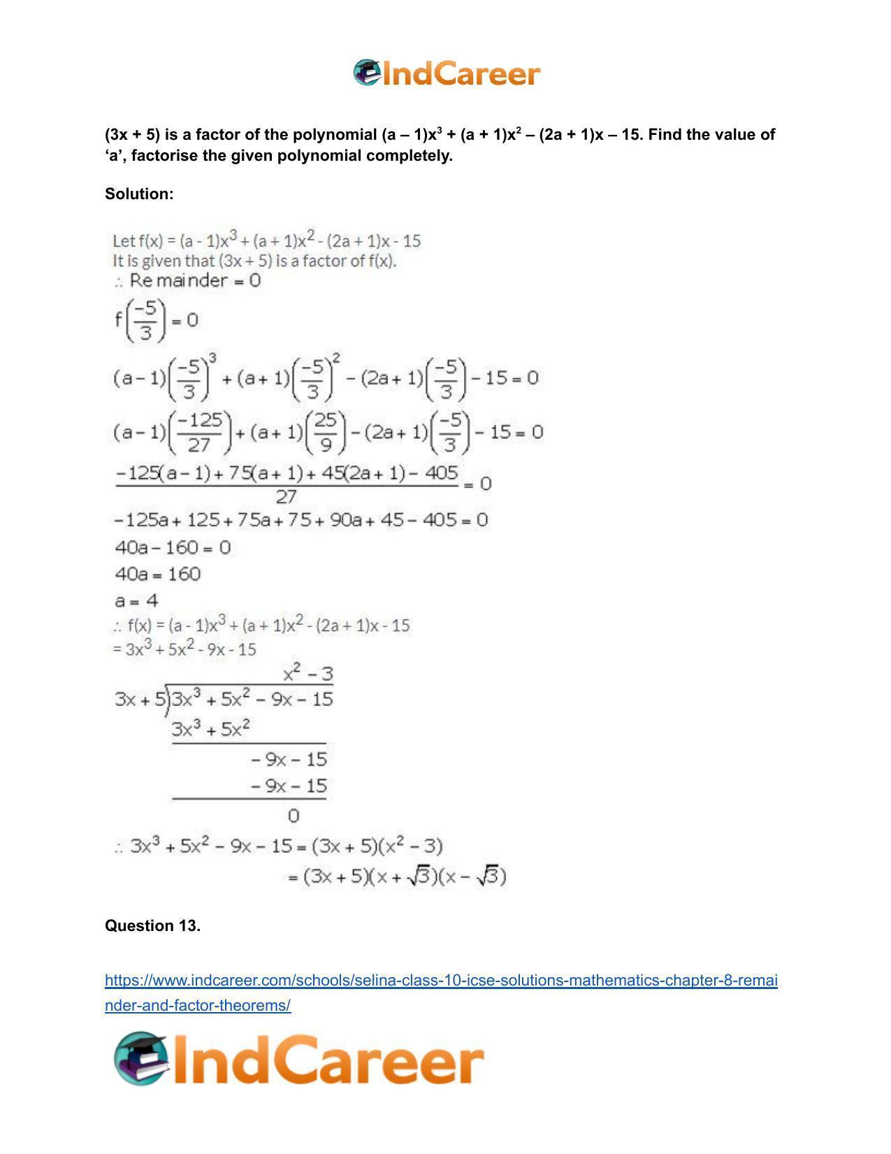 Selina Class 10 ICSE Solutions Mathematics : Chapter 8 - Remainder and Factor Theorems - Page 39