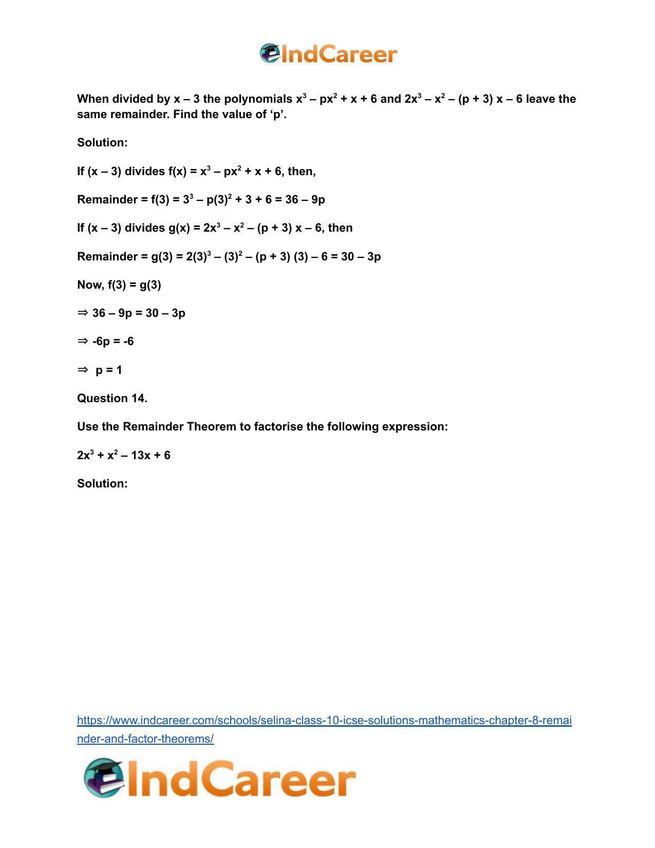 Selina Class 10 ICSE Solutions Mathematics : Chapter 8 - Remainder and Factor Theorems - Page 40
