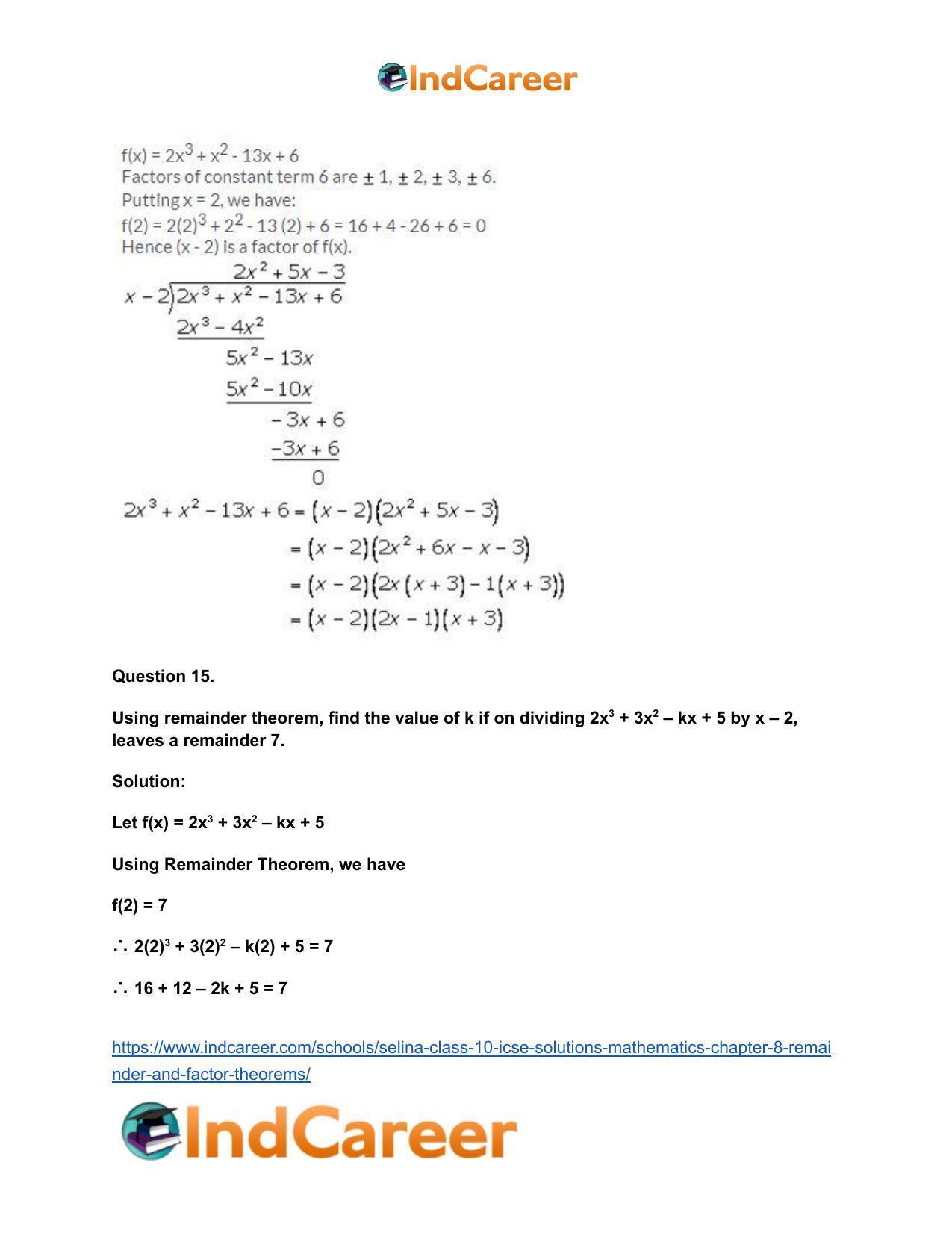 Selina Class 10 ICSE Solutions Mathematics : Chapter 8 - Remainder and Factor Theorems - Page 41