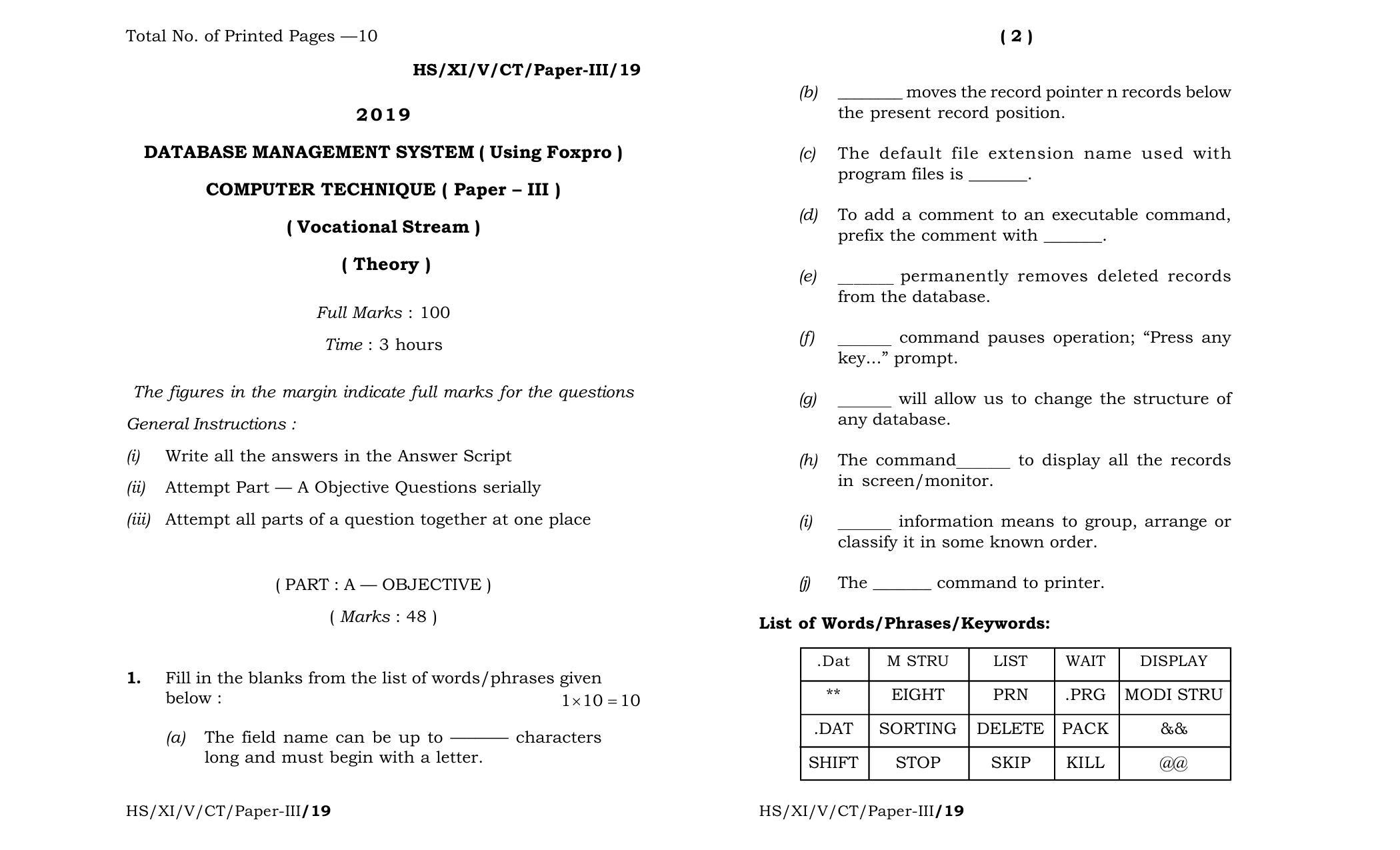 Meghalaya Board (MBOSE) Class 11 Computer_Technique__Paper_-_III_ 2019 Question Paper - Page 1
