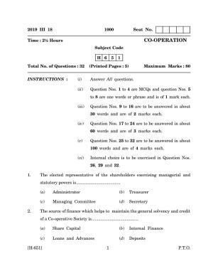 Goa Board Class 12 Co-operation   (March 2019) Question Paper