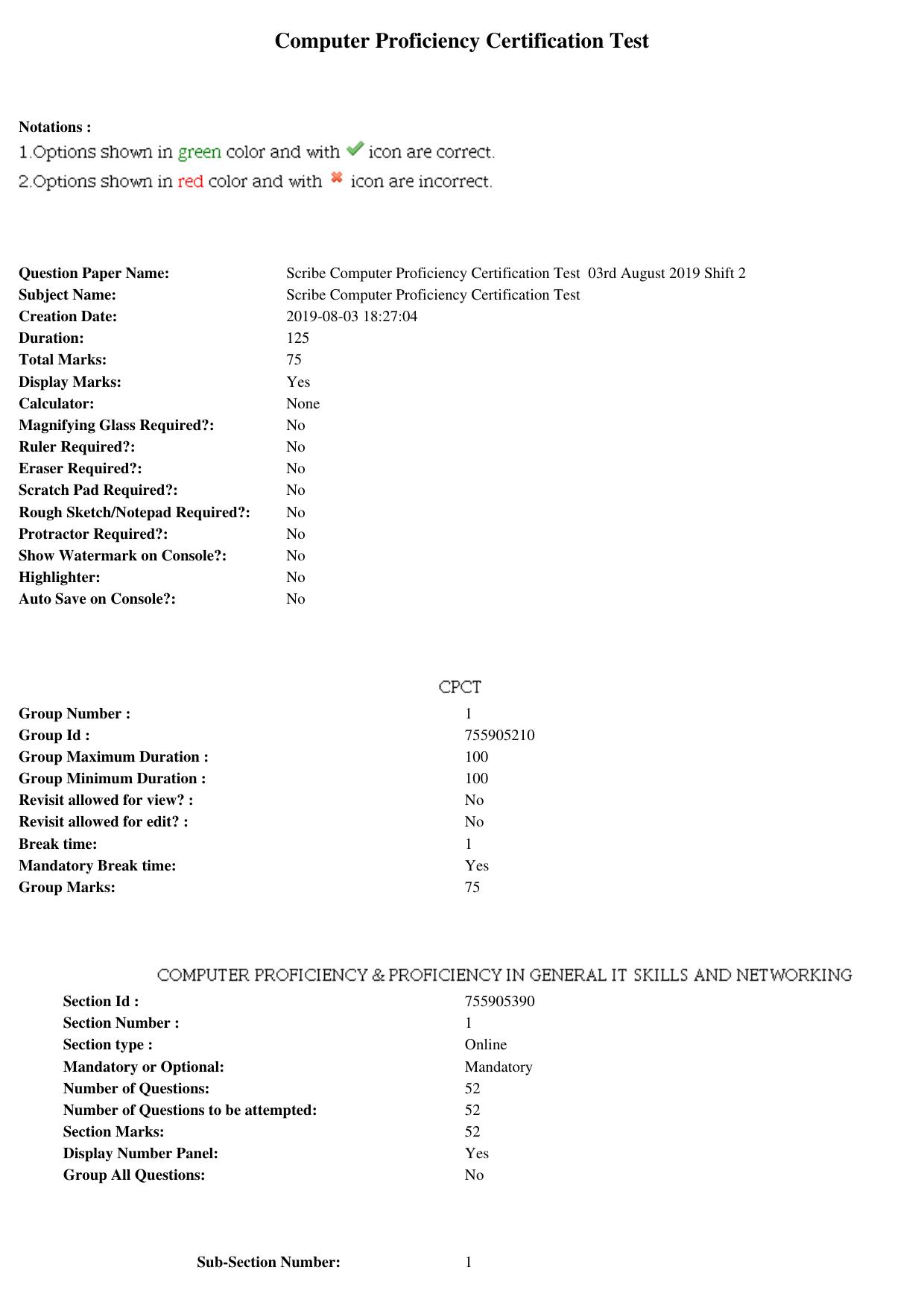 MP CPCT 03rd August 2019 Scribe CPCT Question Paper Shift 2 - Page 1