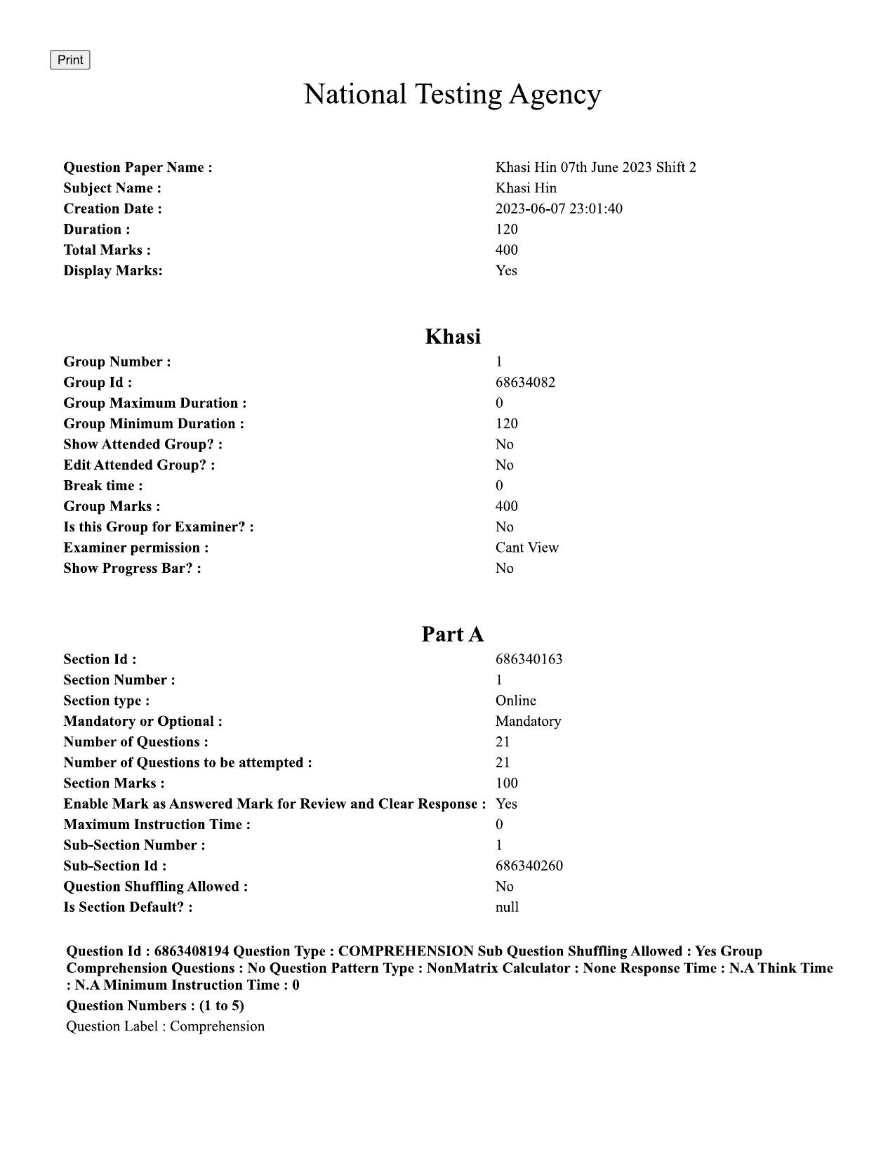 CUET PG 2023: LAQP18 – Khasi (Hindi)-shift 2 (07-06-2023) Question Paper - Page 1