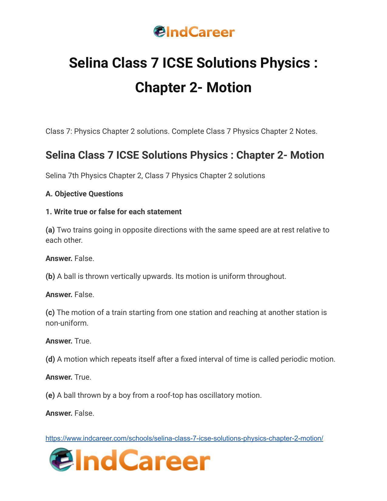Selina Class 7 ICSE Solutions Physics : Chapter 2- Motion - Page 2