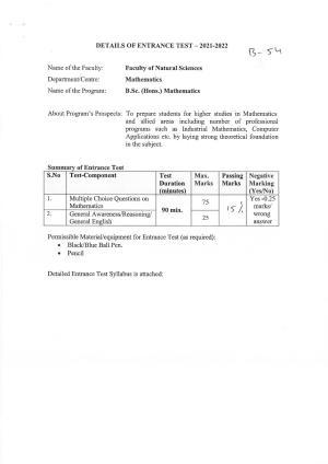 JMI Entrance Exam B54-B.Sc.(Hons) (Mathematics) Syllabus