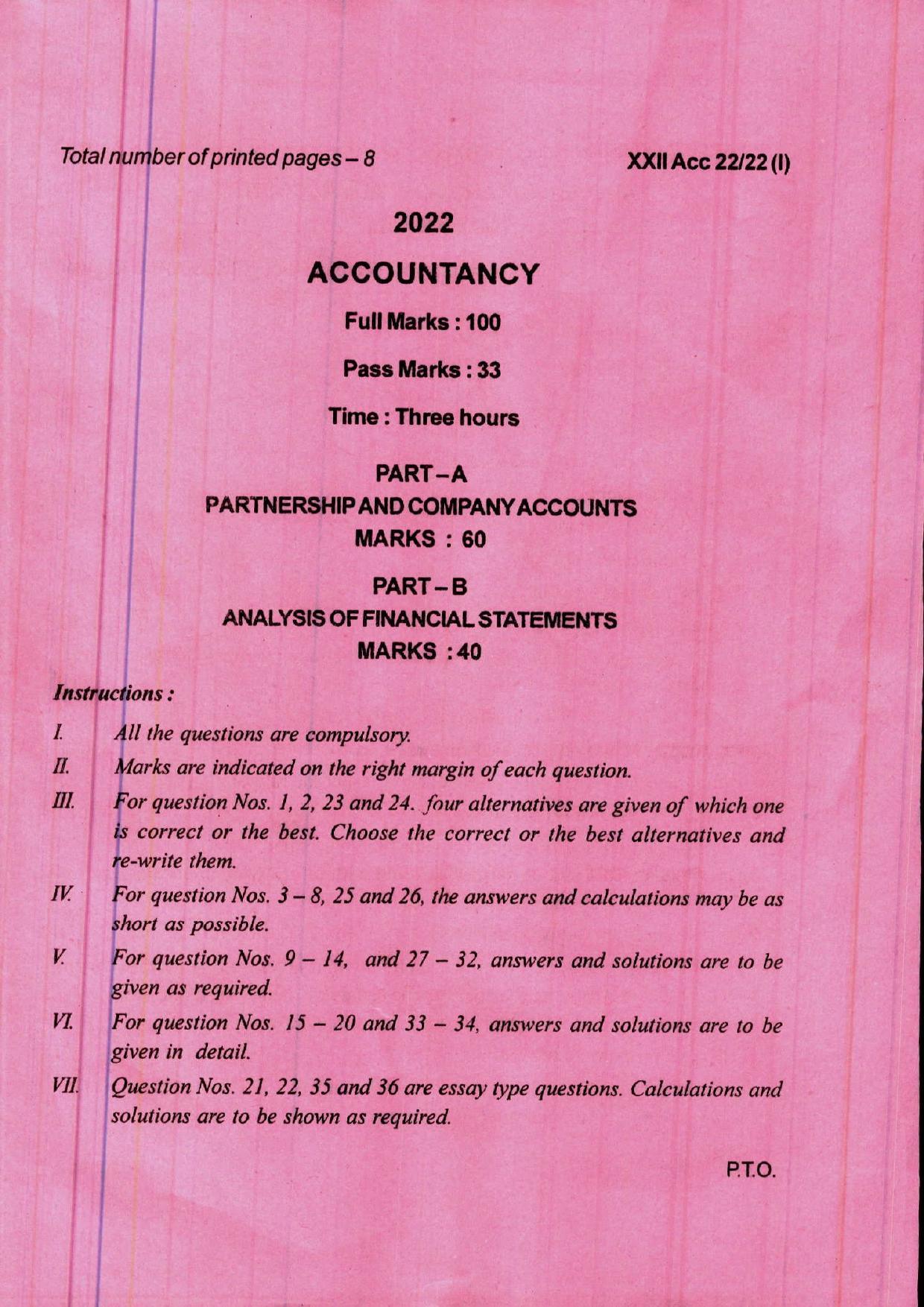 COHSEM 12th Question Papers Improvement 2022 Accountancy - Page 1