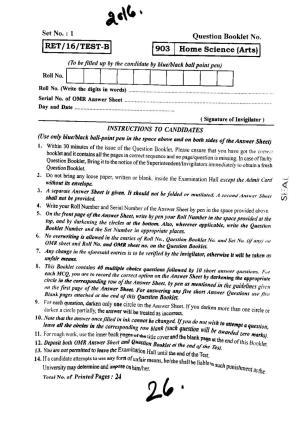 BHU RET Home Science (Arts) 2016 Question Paper 
