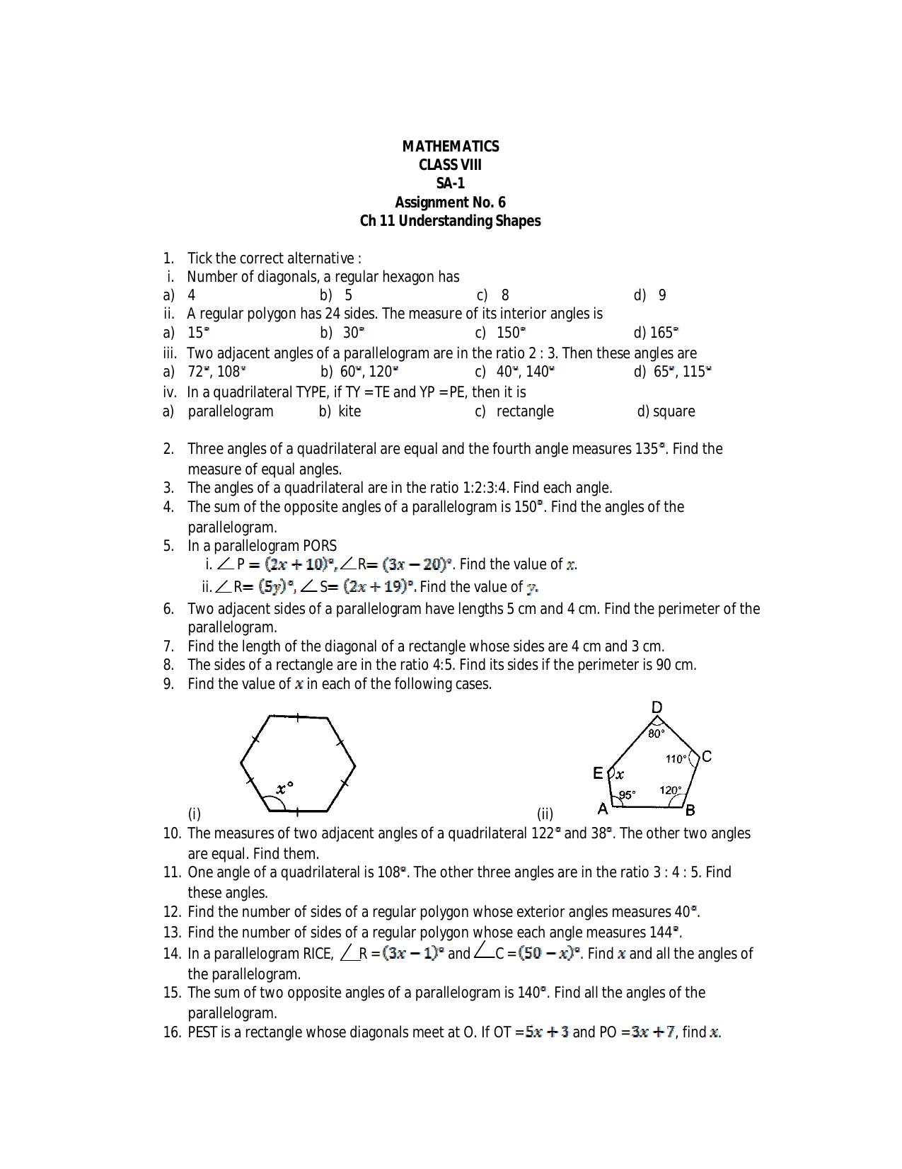 CBSE Worksheets for Class 8 Mathematics Assignment 8 - Page 1