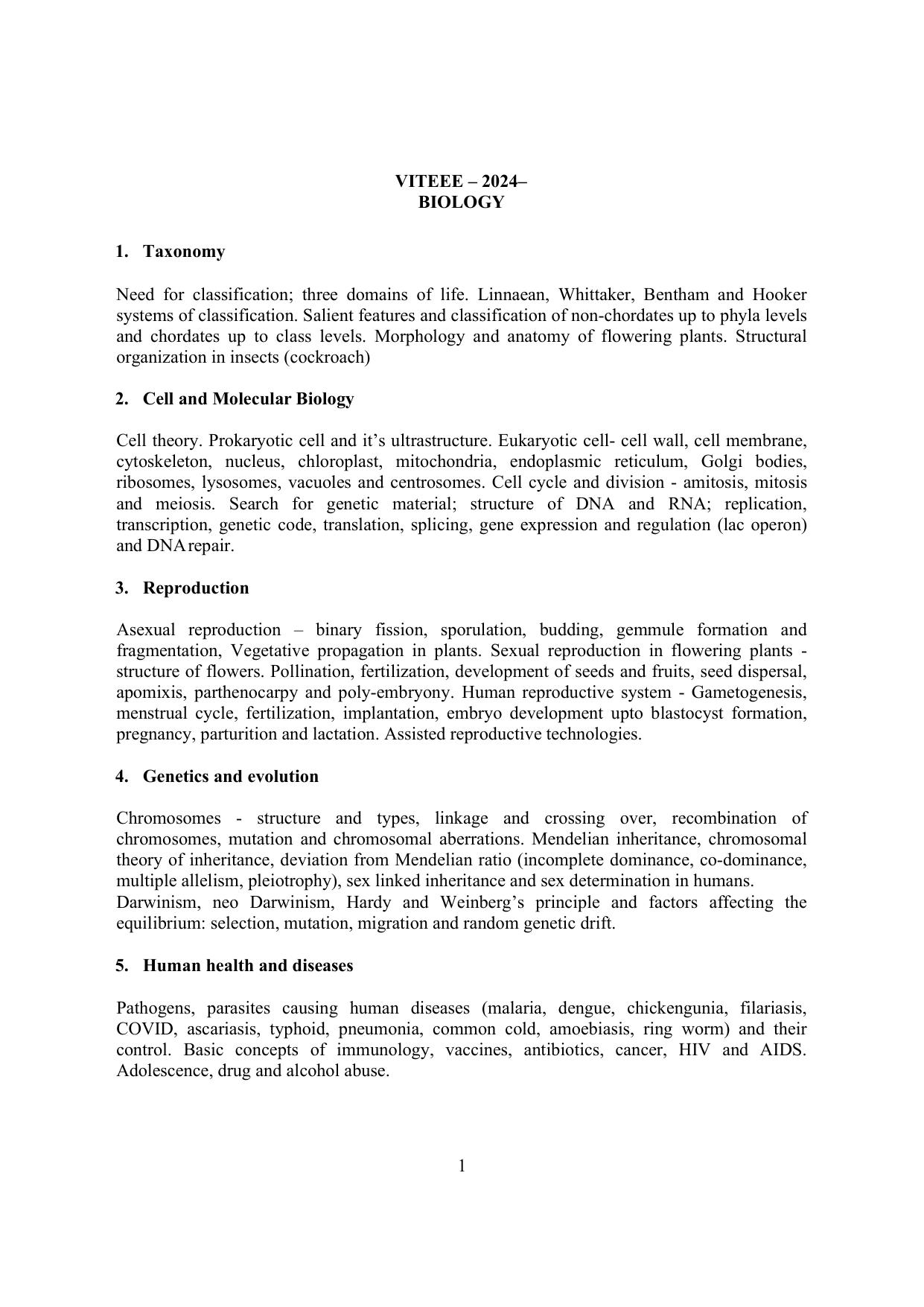 VITEEE 2024 Biology Syllabus - Page 1