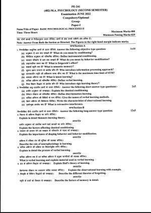 Bilaspur University Question Paper June 2022:M.A. Psychology (Second Semester) Basic Psychological Processes II Paper 1 