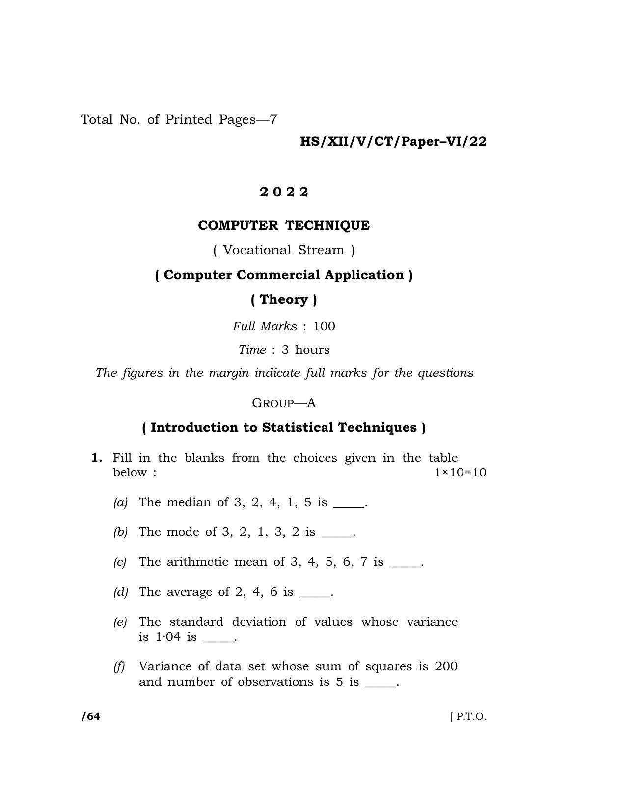 Meghalaya Board (MBOSE) Class 12 COMPUTER TECHNIQUE 2022 Question Paper - Page 1