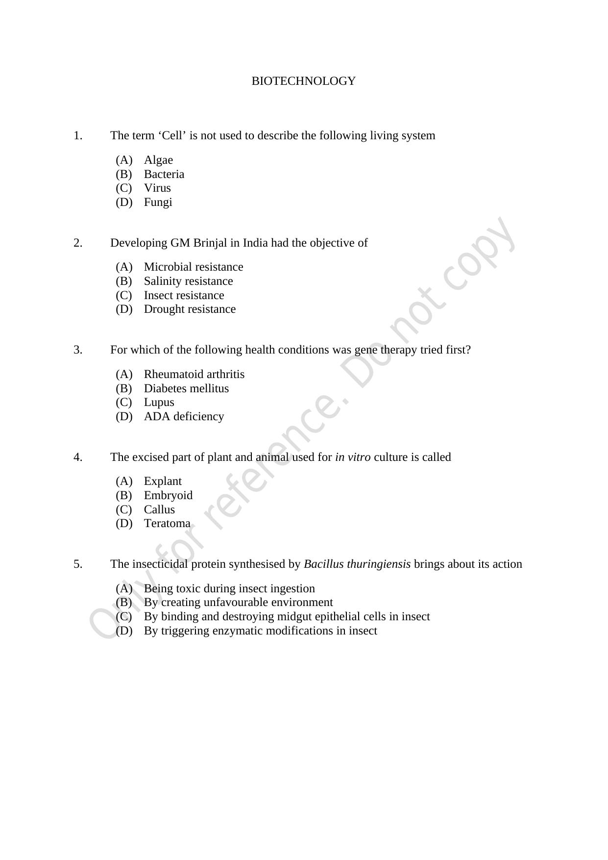 CUSAT CAT 2021 Biotechnology Question Paper - Page 1