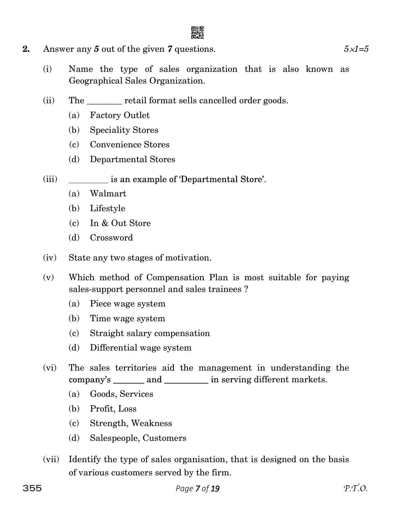 CBSE Class 12 Salesmanship (Compartment) 2023 Question Paper - Page 7