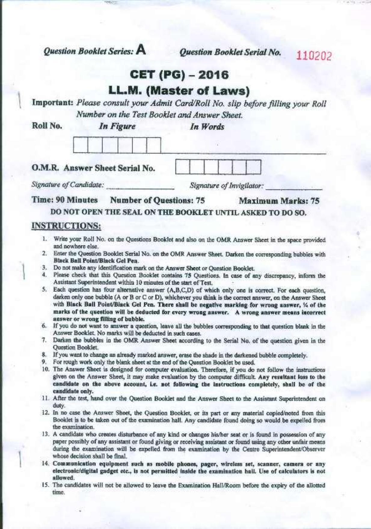 PU CET PG 2016 LLM Question Paper - Page 1