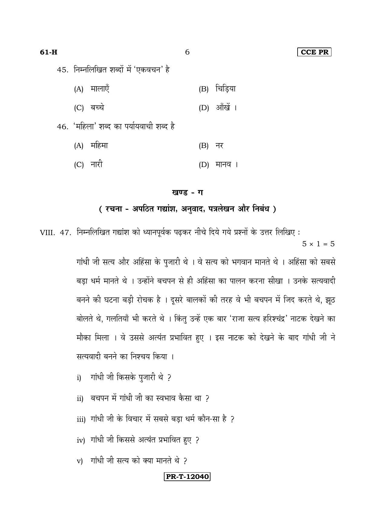 Karnataka SSLC Hindi - Third Language - HINDI (61-H-CCE(PR)-33) (Supplementary) June 2017 Question Paper - Page 6