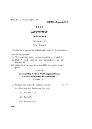 Meghalaya Board (MBOSE) Class 12 ACCOUNTANCY 2019 Question Paper