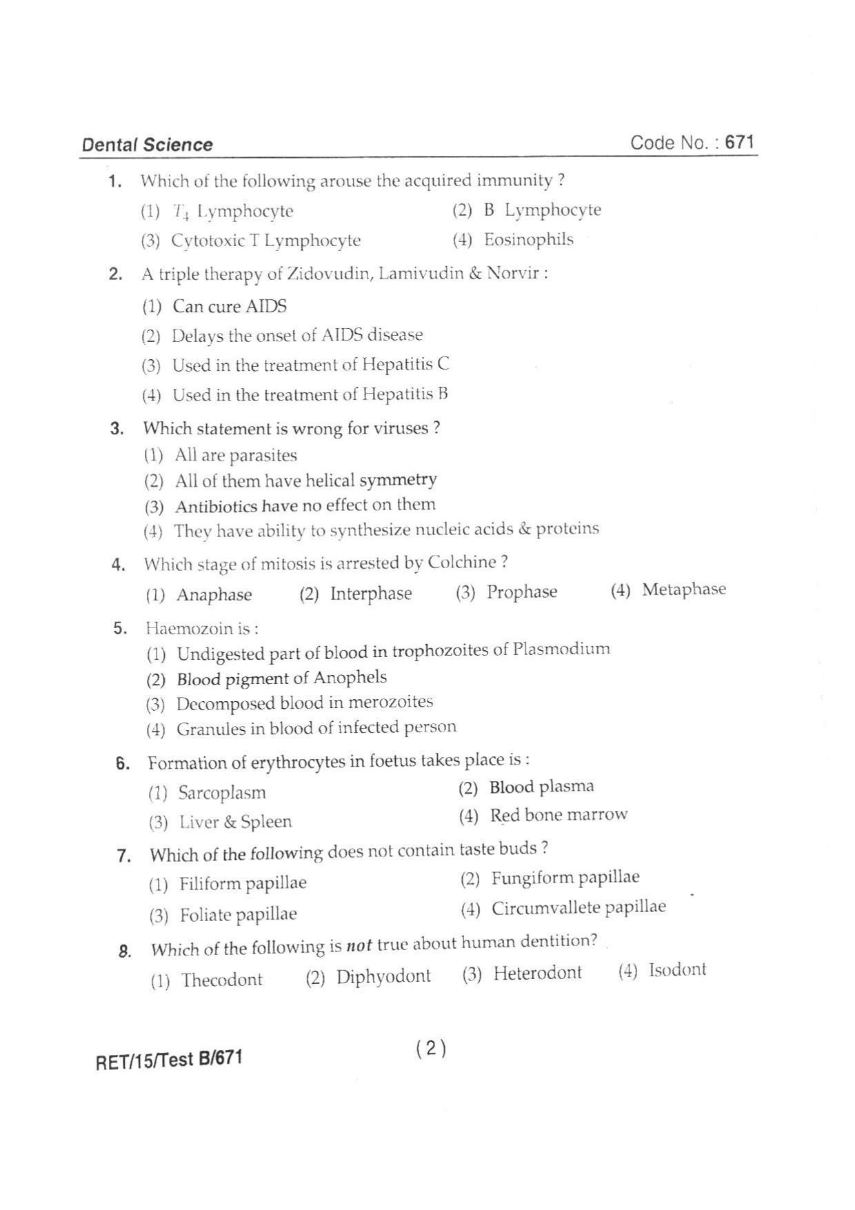 BHU RET DENTAL SCIENCE 2015 Question Paper - Page 4
