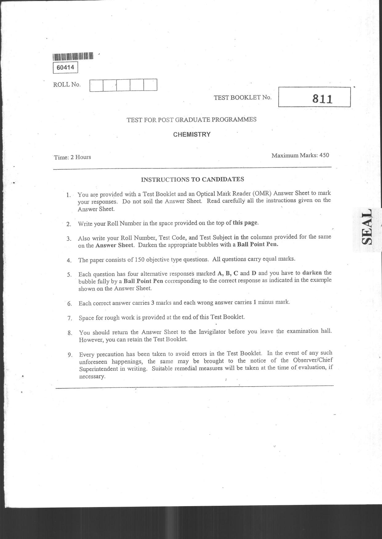 CUSAT CAT 2014 Chemistry Question Paper - Page 1