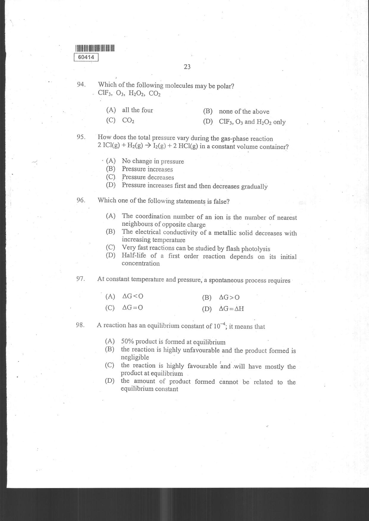 CUSAT CAT 2014 Chemistry Question Paper - Page 25