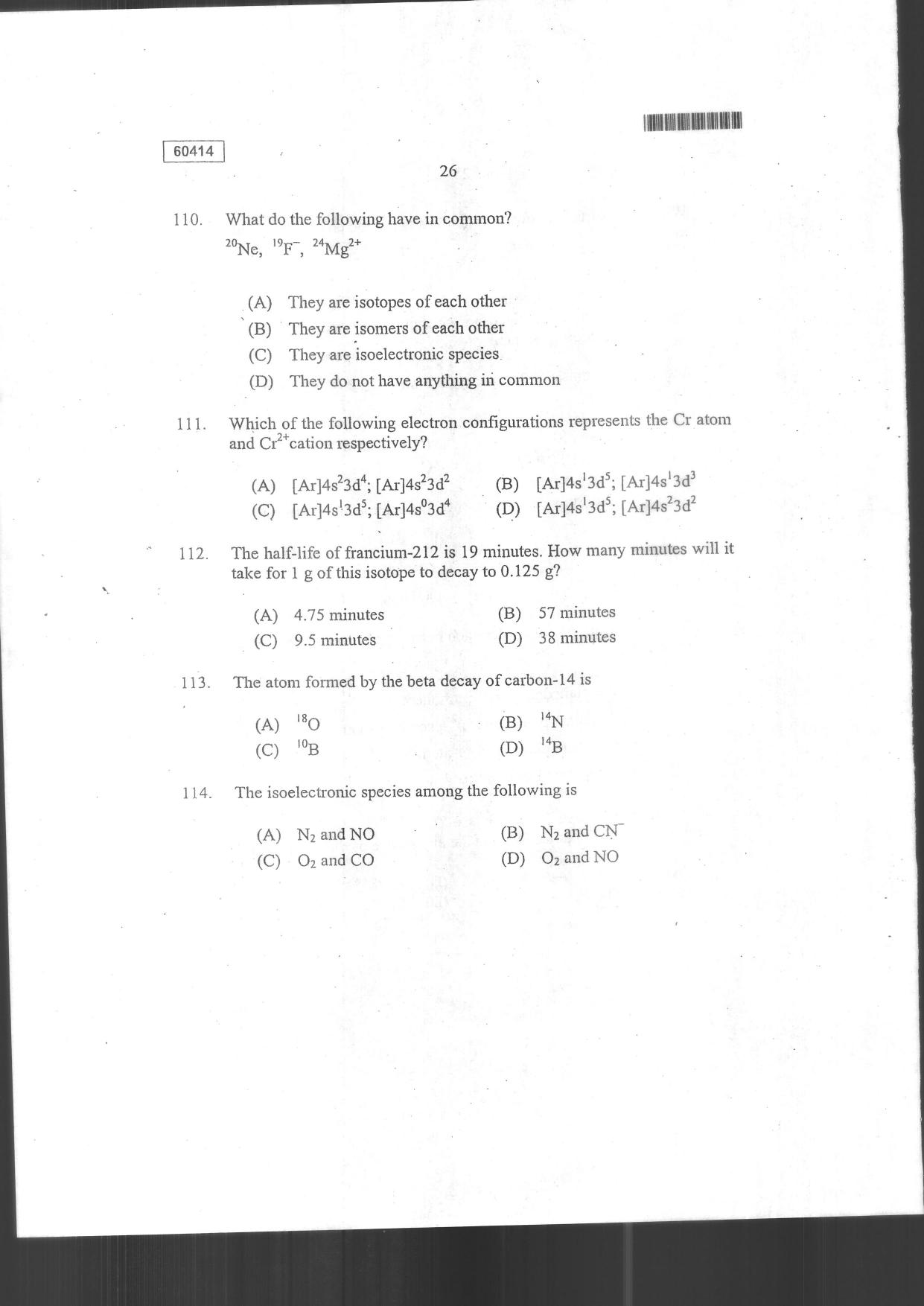 CUSAT CAT 2014 Chemistry Question Paper - Page 28