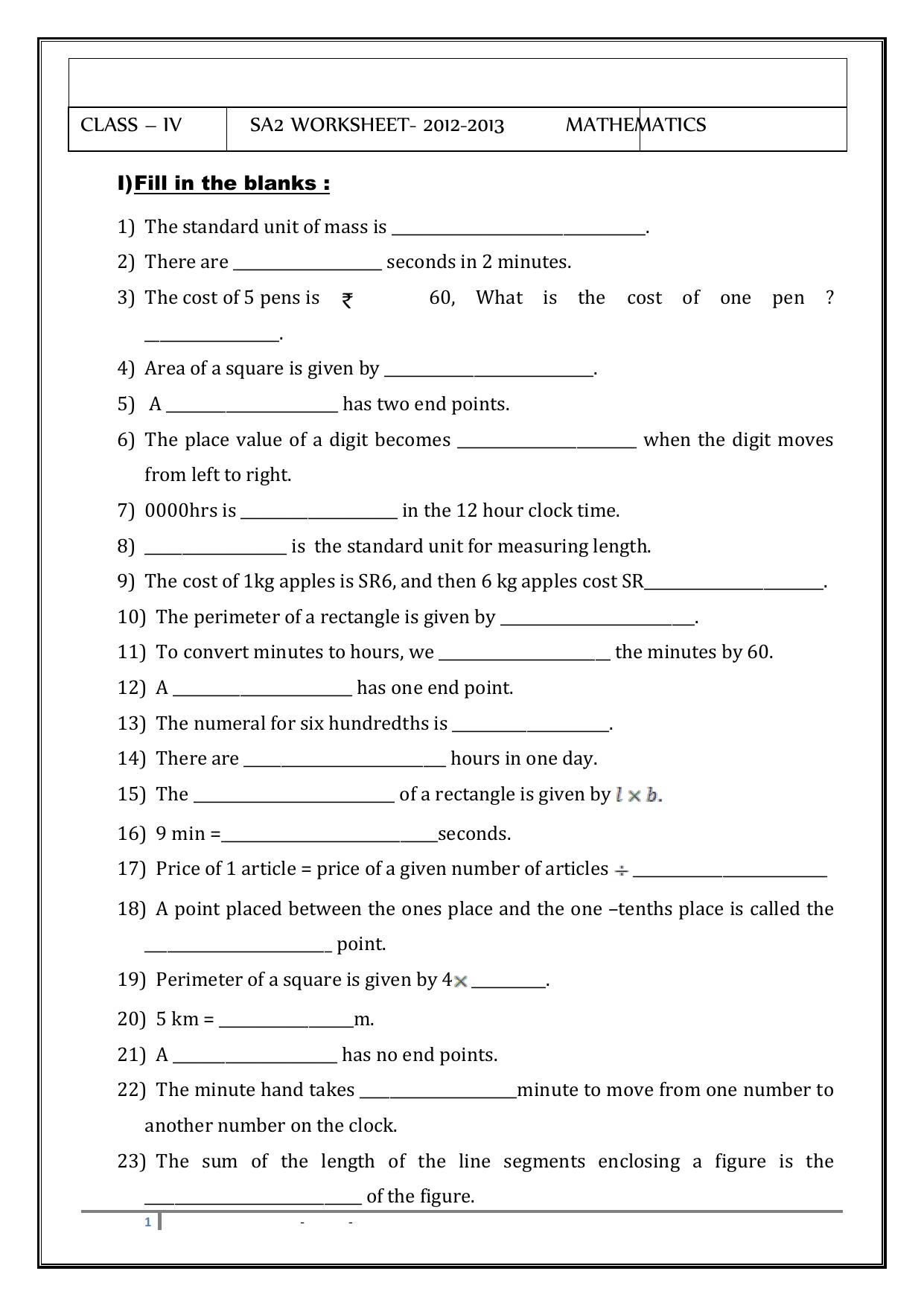 Worksheet for Class 4 Maths Assignment 65 - Page 1
