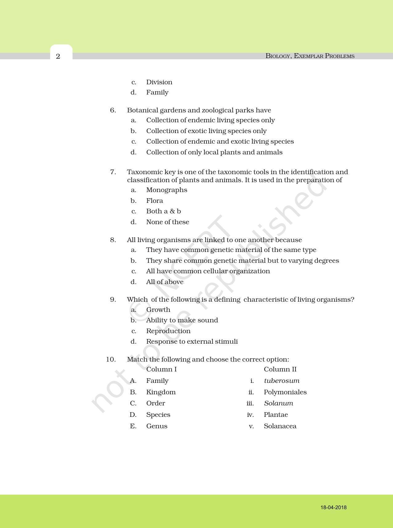 NCERT Exemplar Book for Class 11 Biology Chapter 1 The Living World
