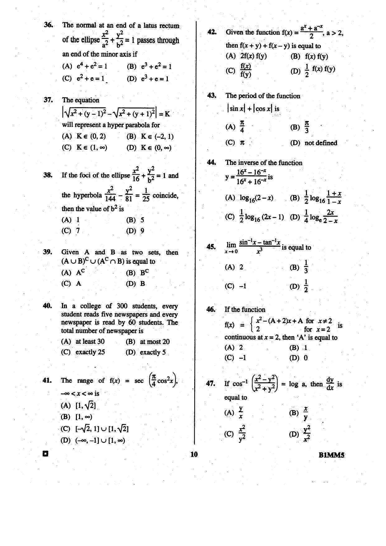 BCECE 2015 Maths Question Paper - Page 10