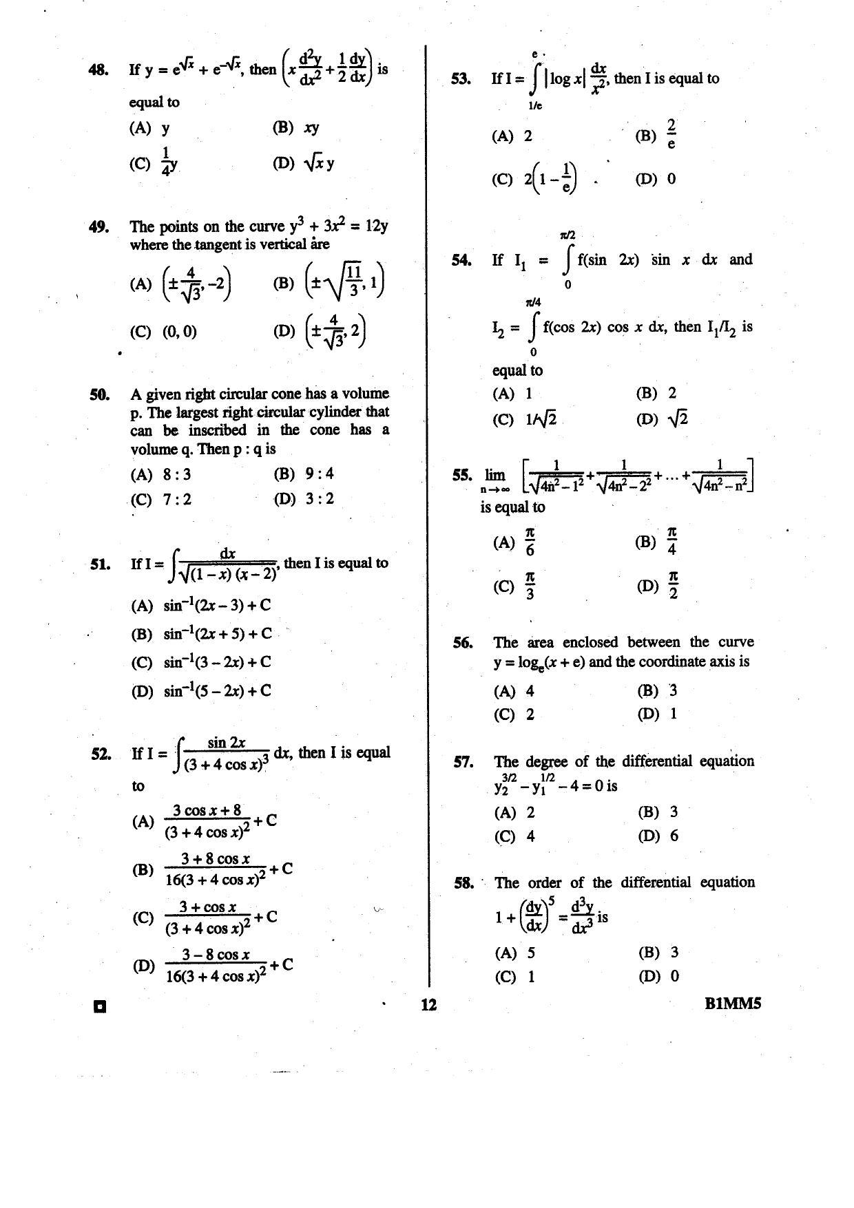 BCECE 2015 Maths Question Paper - Page 12