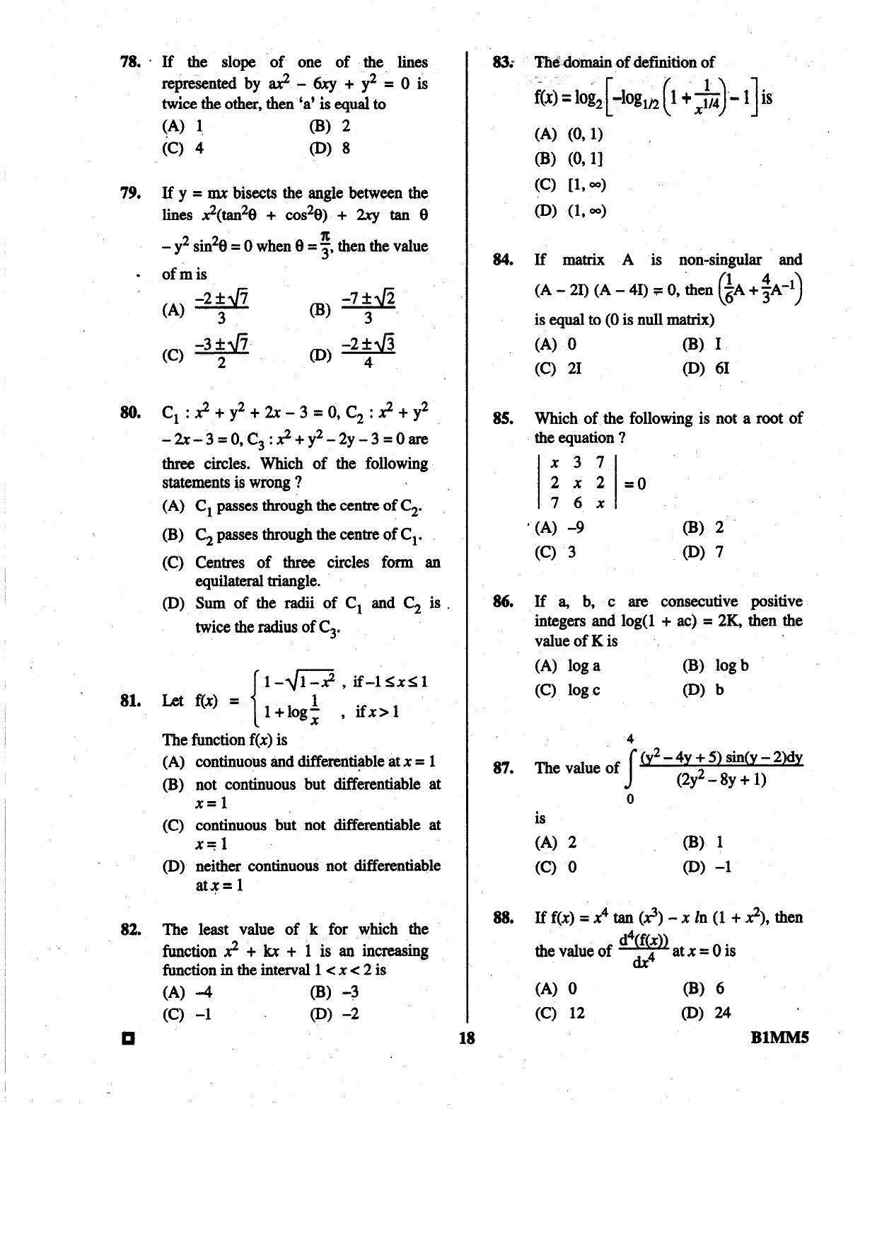 BCECE 2015 Maths Question Paper - Page 18