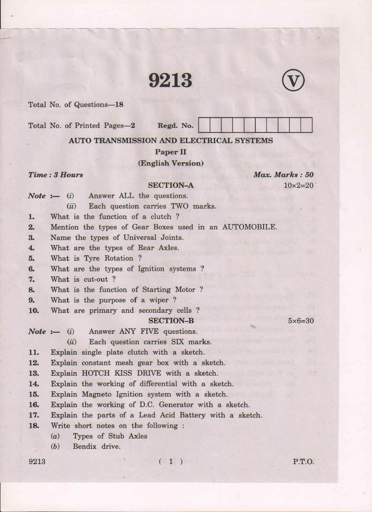 AP Inter 2nd Year Auto Transmission and Electrical System March-2019-Vocational Question Paper - Page 1