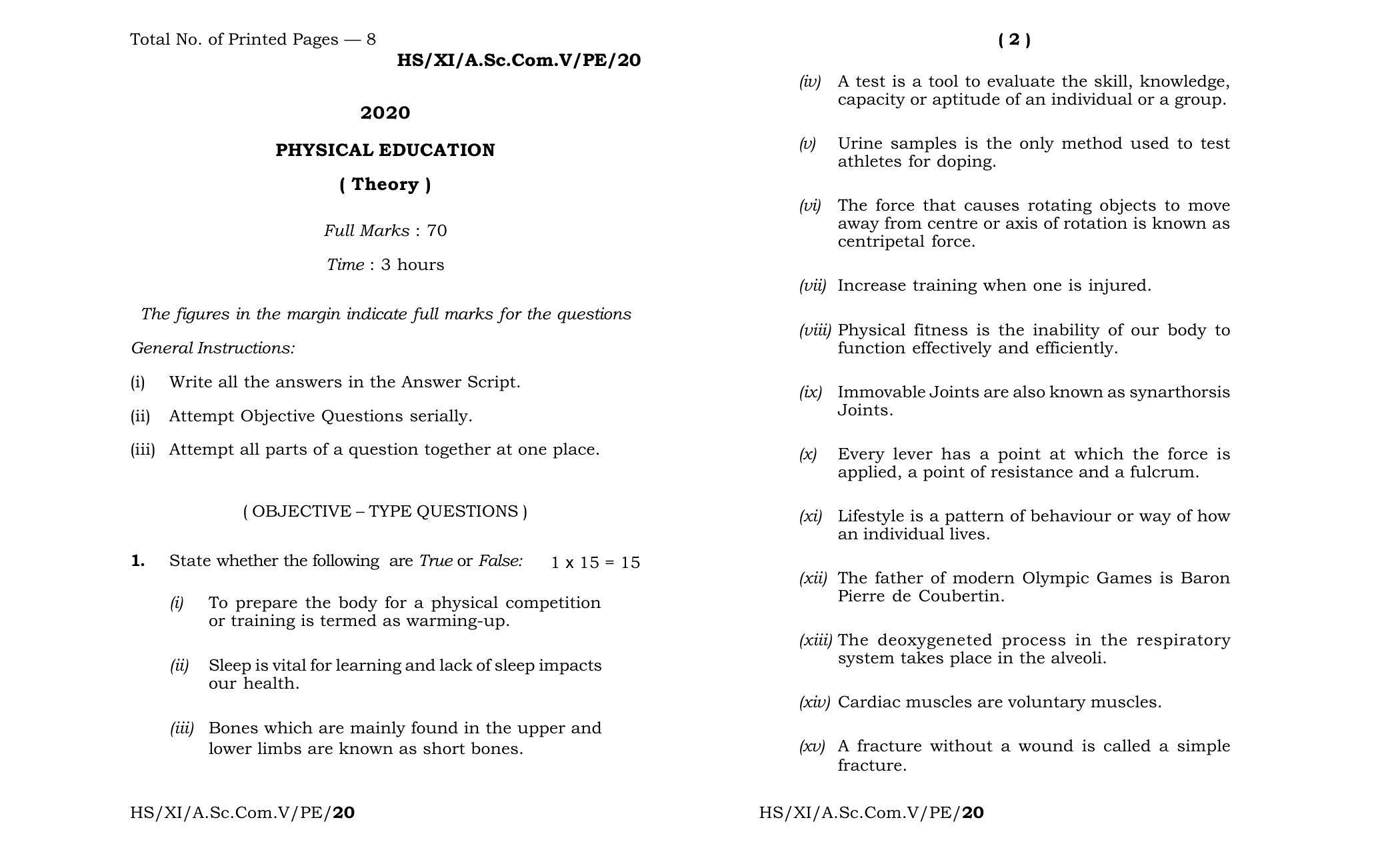 Meghalaya Board (MBOSE) Class 11 Physical Education 2020 Question Paper - Page 1