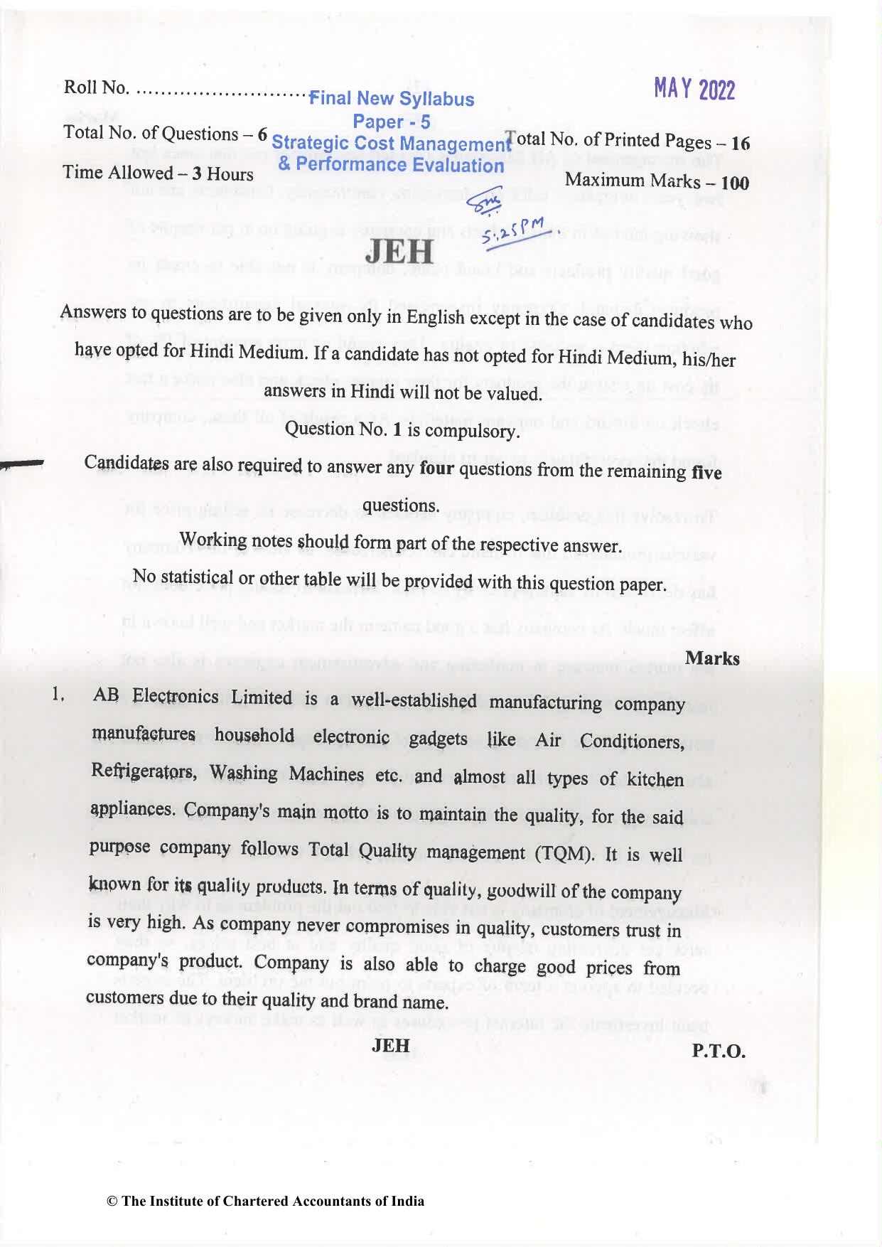 CA Final May 2022 Question Paper - Paper 5 – Strategic Cost Management and Performance Evaluation - Page 1