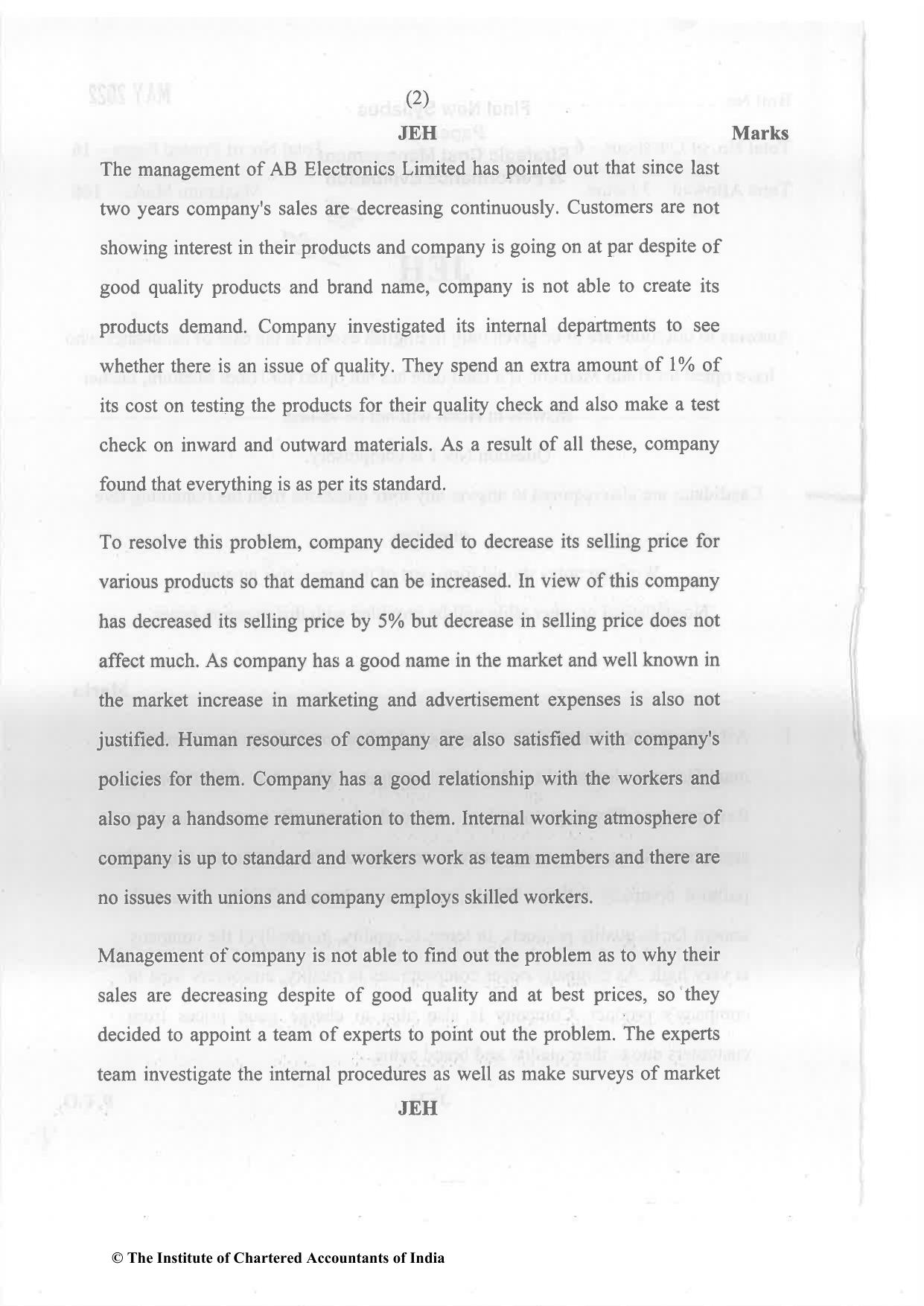 CA Final May 2022 Question Paper - Paper 5 – Strategic Cost Management and Performance Evaluation - Page 2