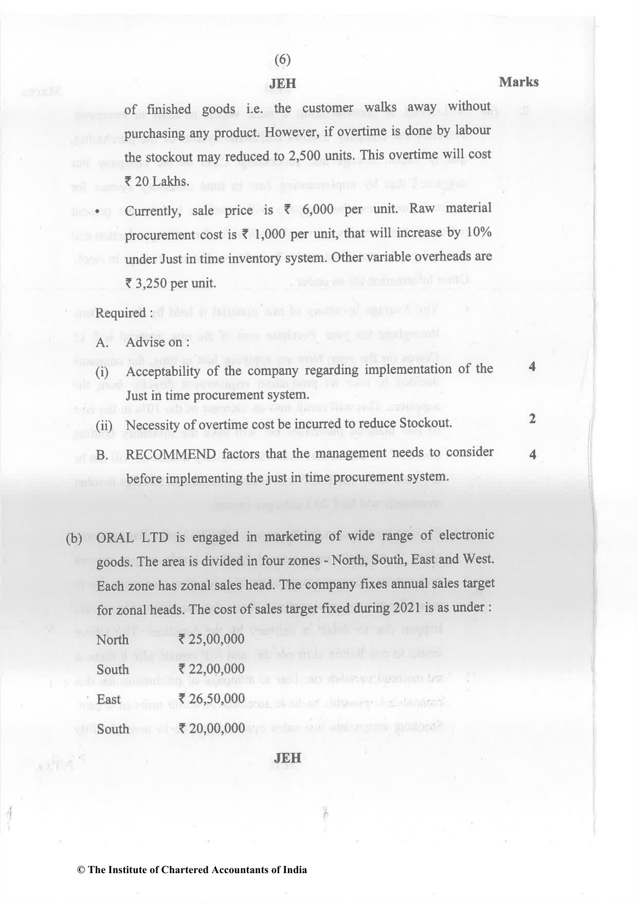 CA Final May 2022 Question Paper - Paper 5 – Strategic Cost Management and Performance Evaluation - Page 6