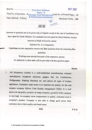 CA Final May 2022 Question Paper - Paper 5 – Strategic Cost Management and Performance Evaluation