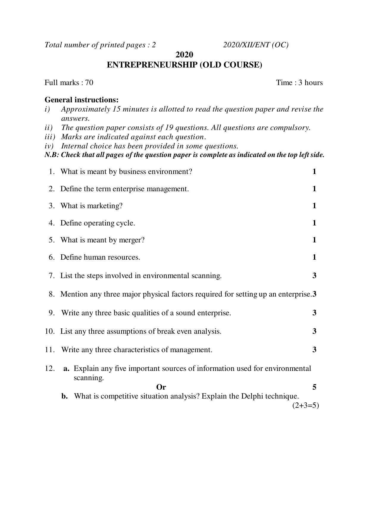 Nagaland Board Class 12 ENTREPRENEURSHIP (OLD COURSE) 2020 Question Papers - Page 1