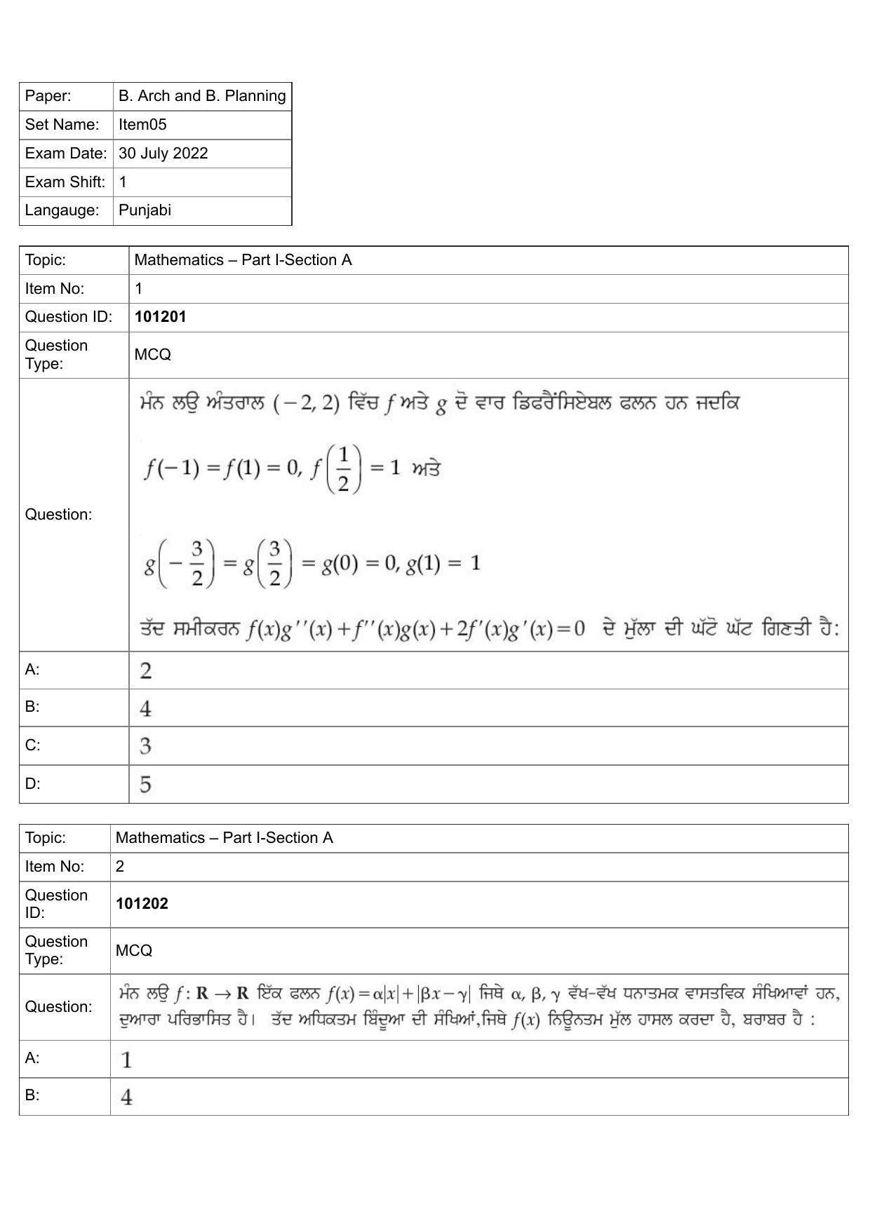 JEE Mains 2022: B Arch & B Planning Punjabi (Shift 1) 30-07-2022 Question Paper - Page 1